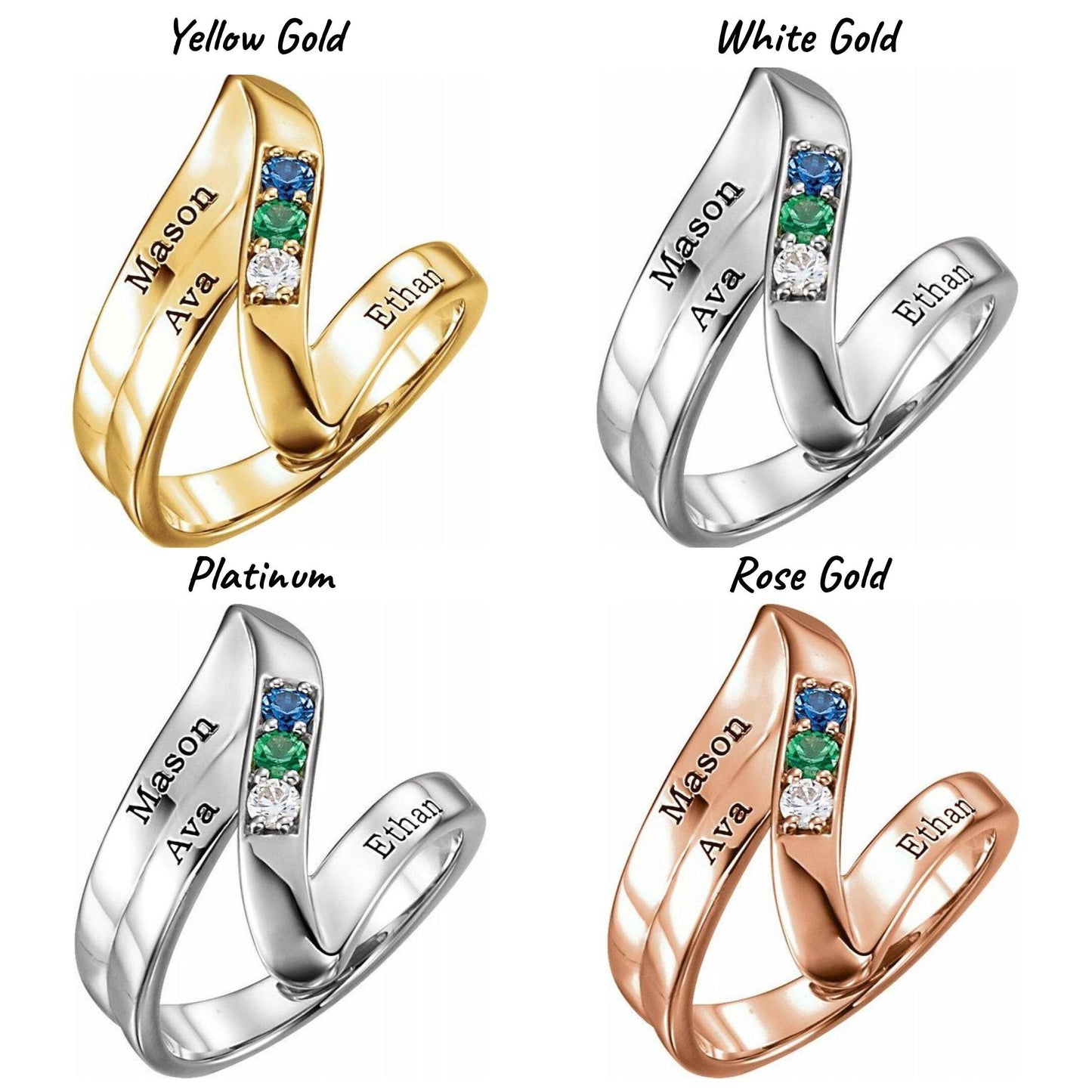 14K Yellow / White / Rose Gold or Platinum 1-5 Stone Engravable Family Ring