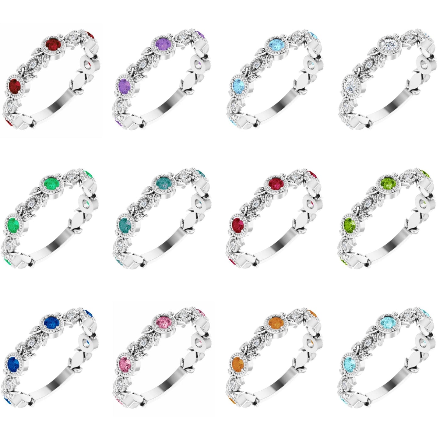 14K Yellow / White / Rose Gold or Platinum Birthstone and Diamond Leaf Ring