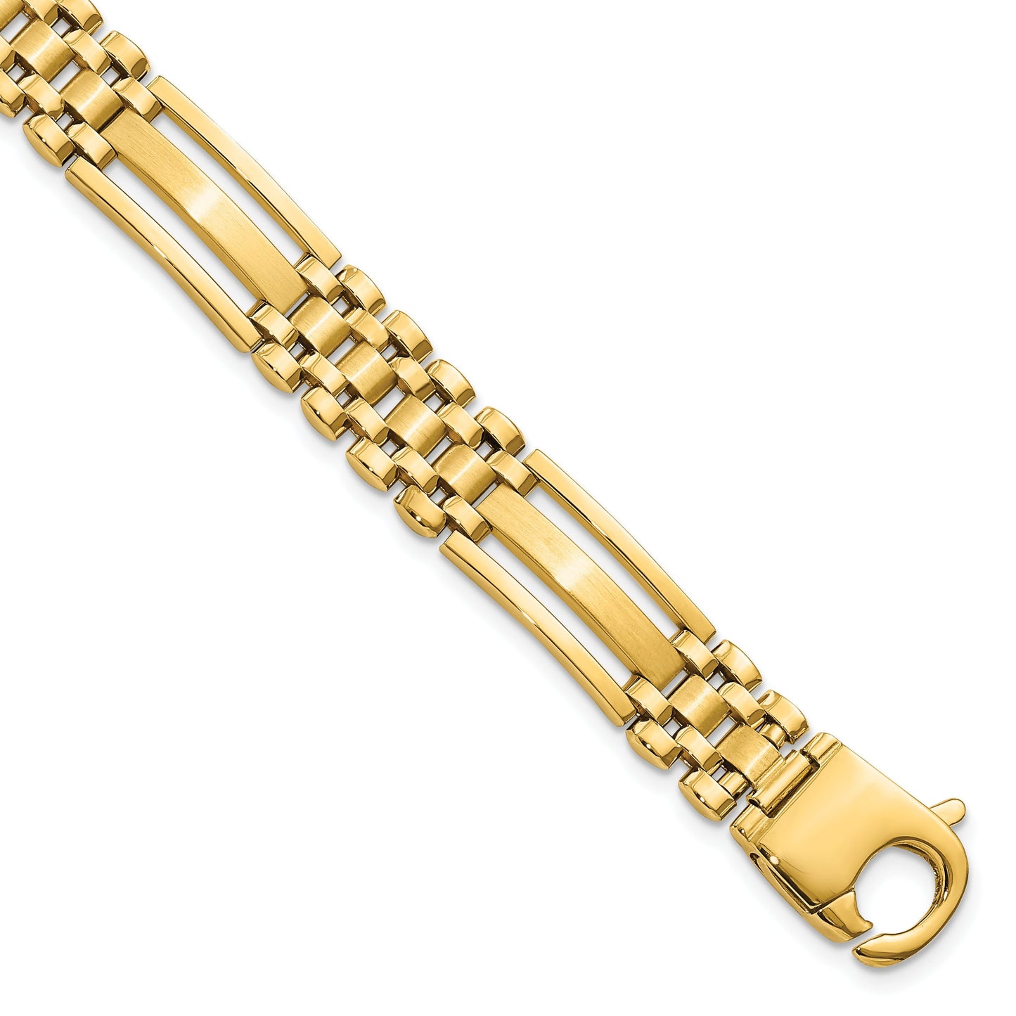 Semi-Solid 14K Yellow Gold Satin and Polished Link Bracelet, 8.75", 10.1mm Thick