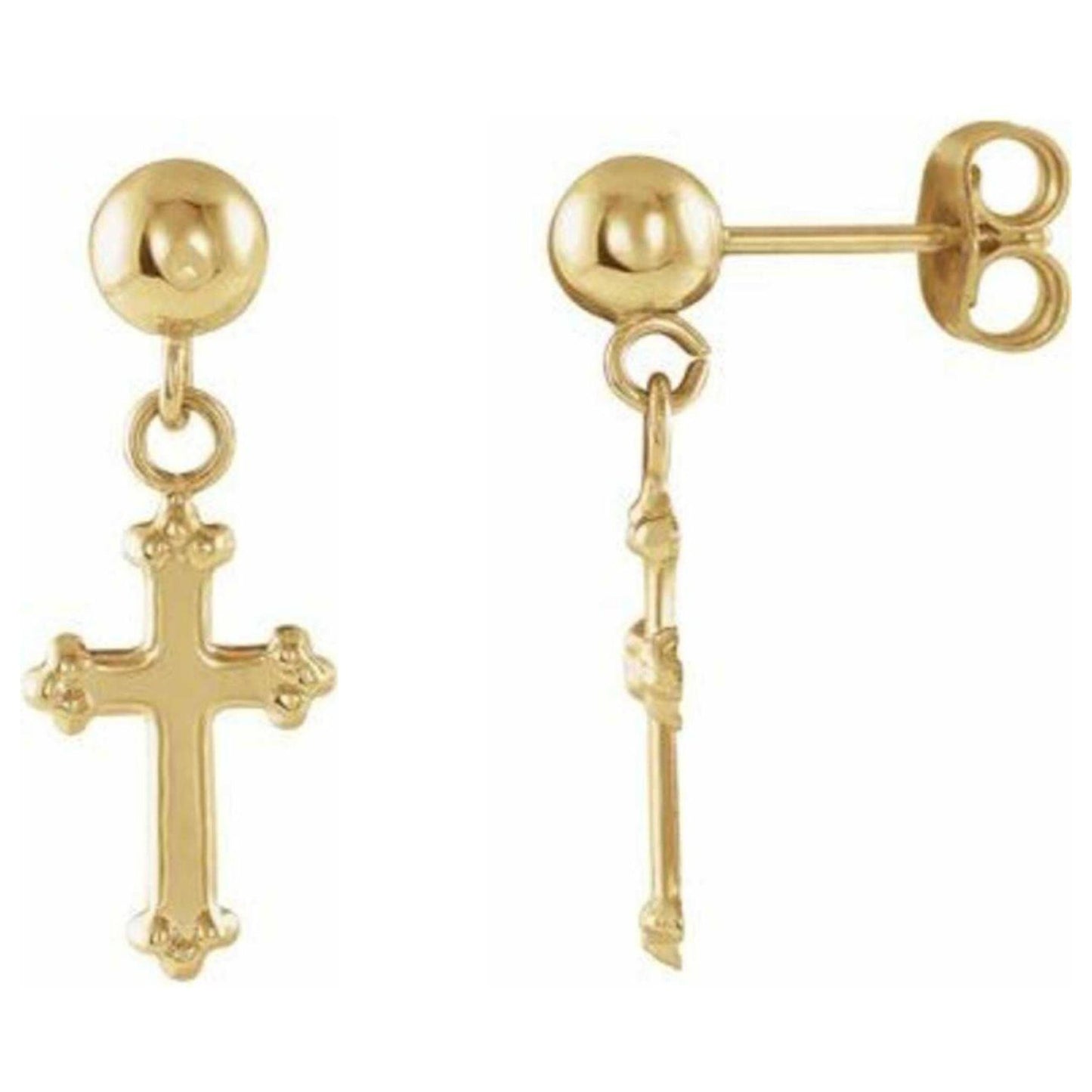 14K Yellow Gold Cross Ball Earrings