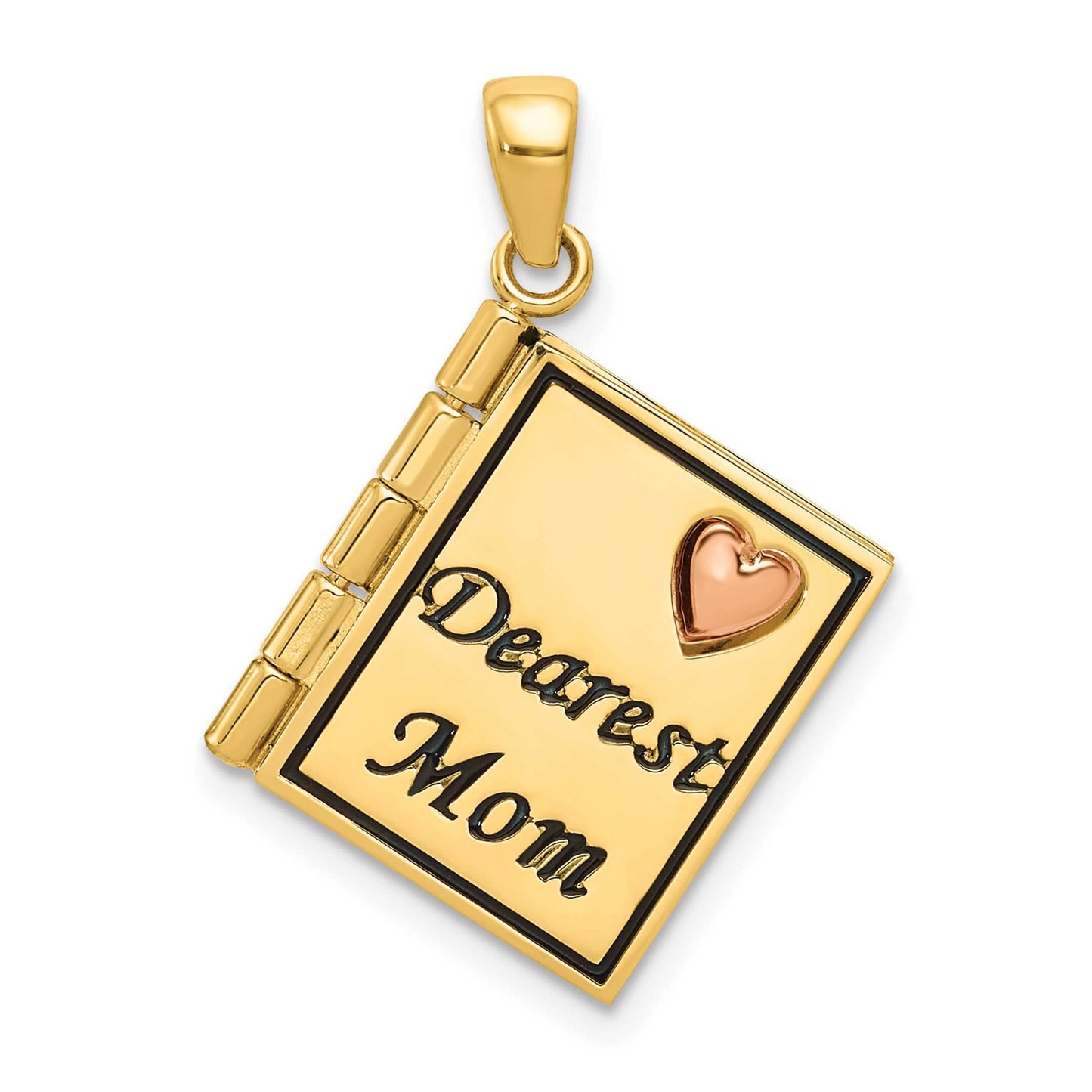 14K Yellow and Rose Gold Moveable 3D Dearest Mom Book Pendant