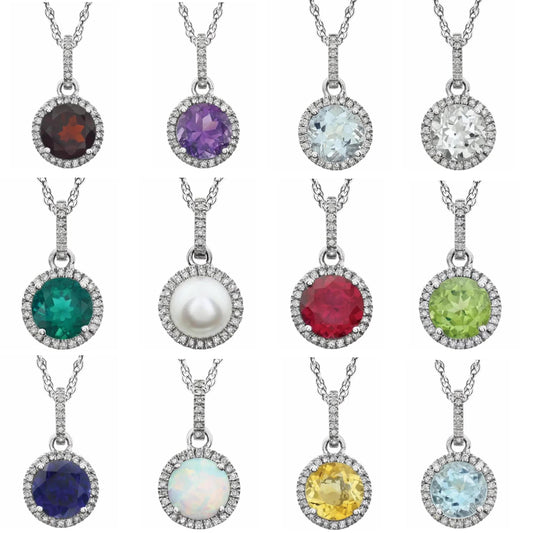14K White Gold & Diamond Birthstone Necklace