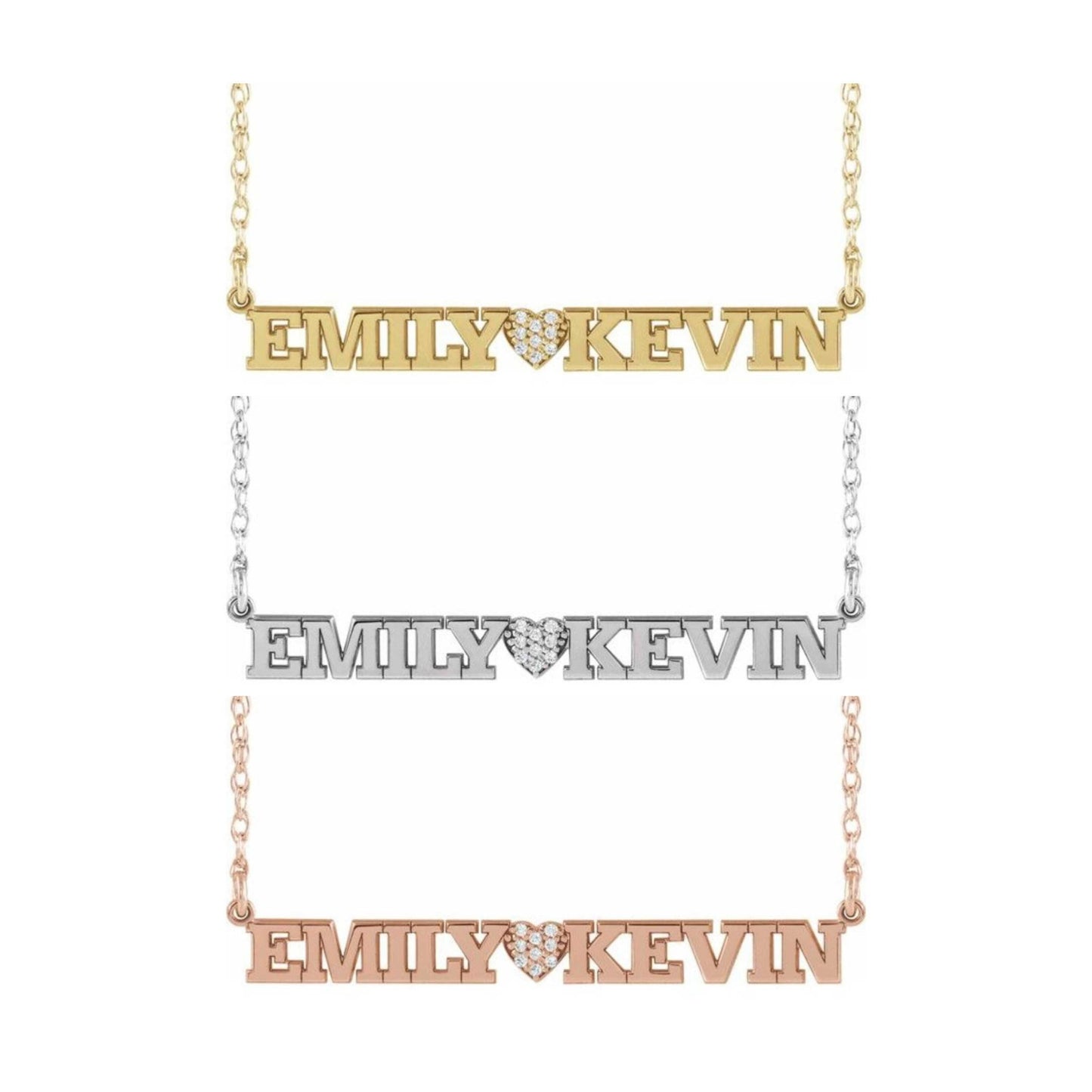 14K Yellow, White, or Rose Gold and Diamond Couples Nameplate Necklace