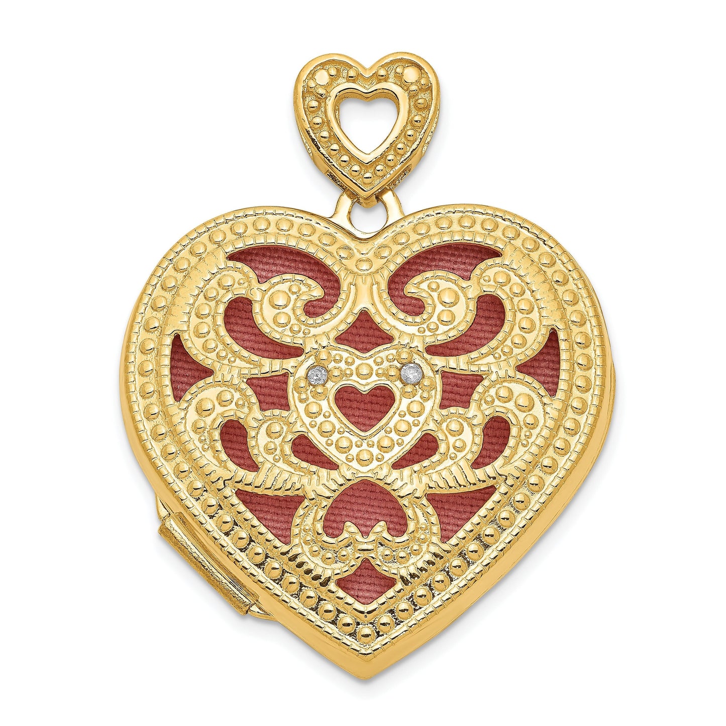 14K Yellow Gold and Diamond Engravable Heart Shape Locket with Vintage Filigree Front Design and Heart-Shaped Bale