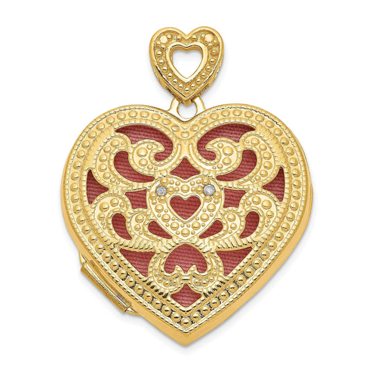 14K Yellow Gold and Diamond Engravable Heart Shape Locket with Vintage Filigree Front Design and Heart-Shaped Bale