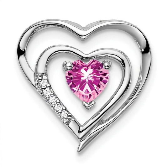 14K White Gold Created Pink Sapphire and Diamond Heart Pendant