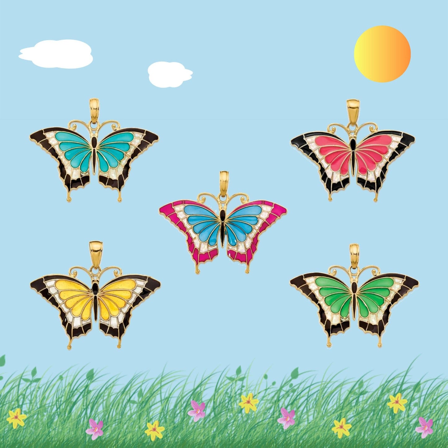 14K Yellow Gold Enameled Butterfly Pendant