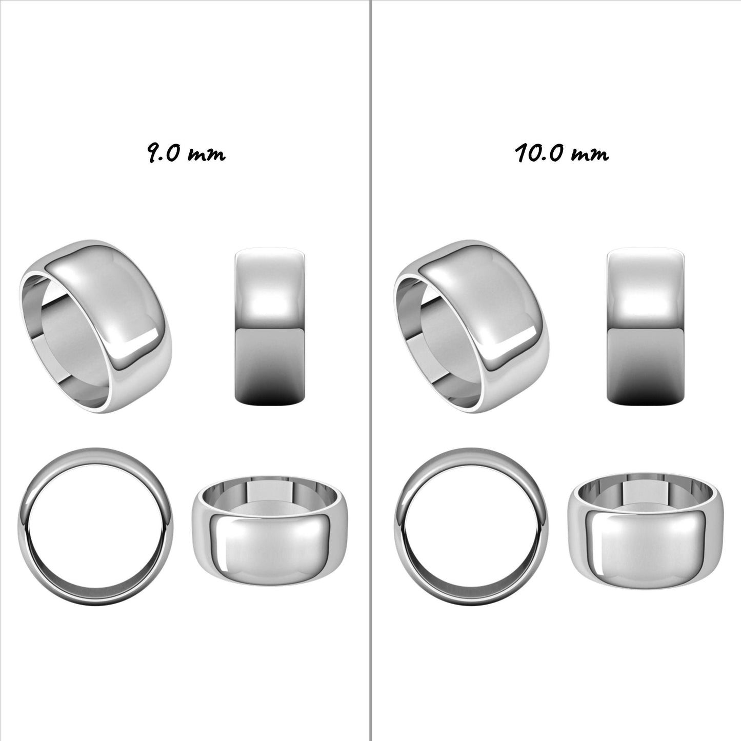 Solid Platinum Standard Weight & Standard Fit Half-Round Wedding Band, 1.0mm-12.0mm Widths