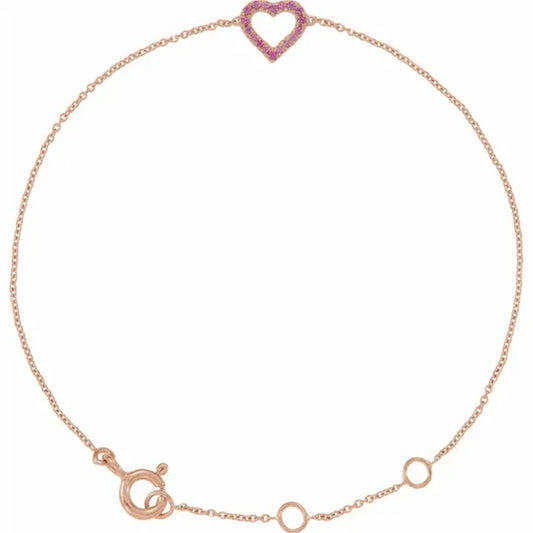 14K Rose Gold Adjustable Pink Sapphire Heart Bracelet