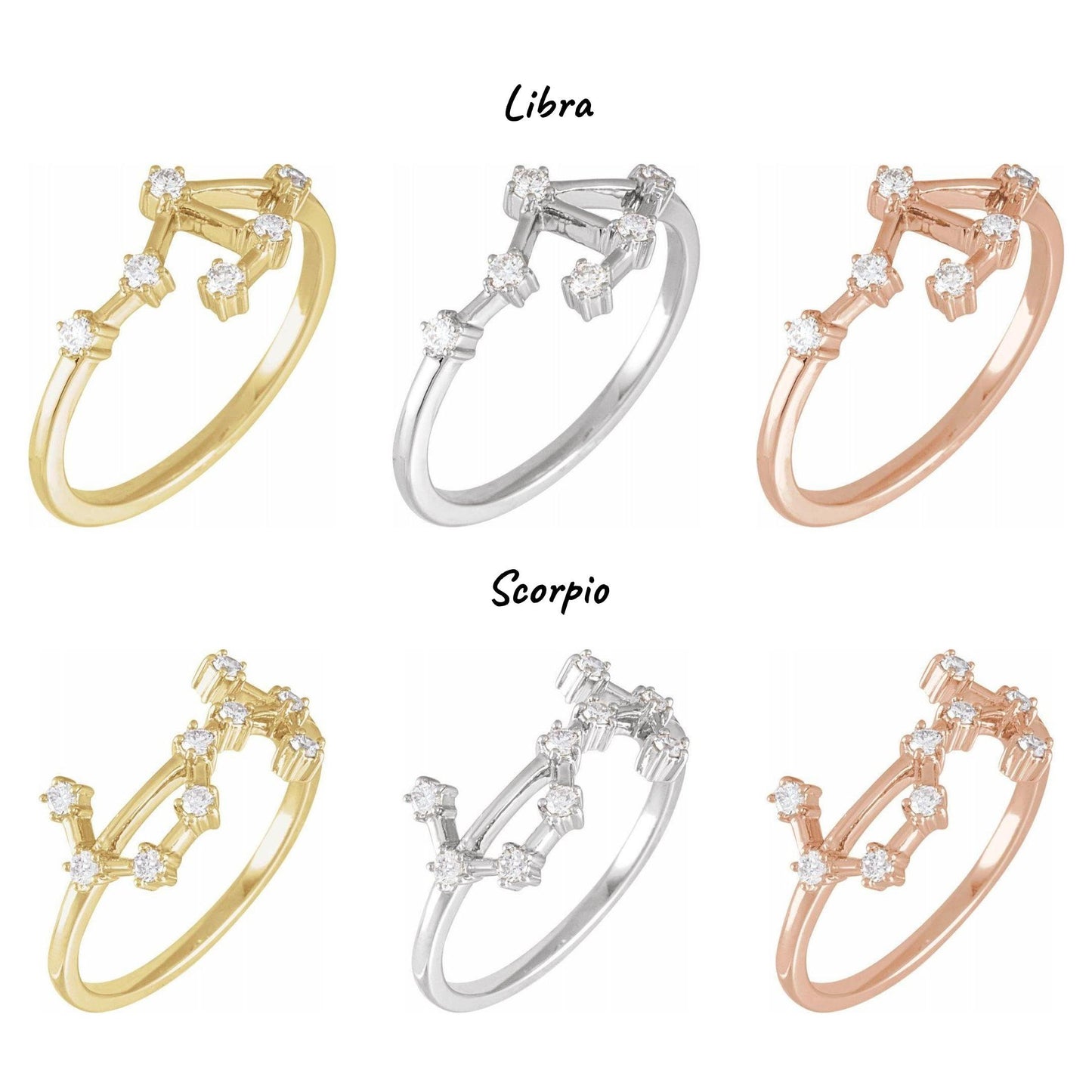 14K Yellow, White, or Rose Gold and Diamond Zodiac Constellation Ring