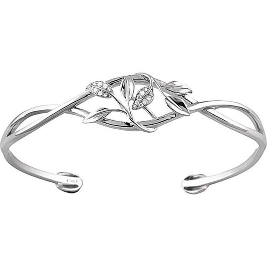 14K White Gold and Diamond Leaf Design Cuff Bracelet