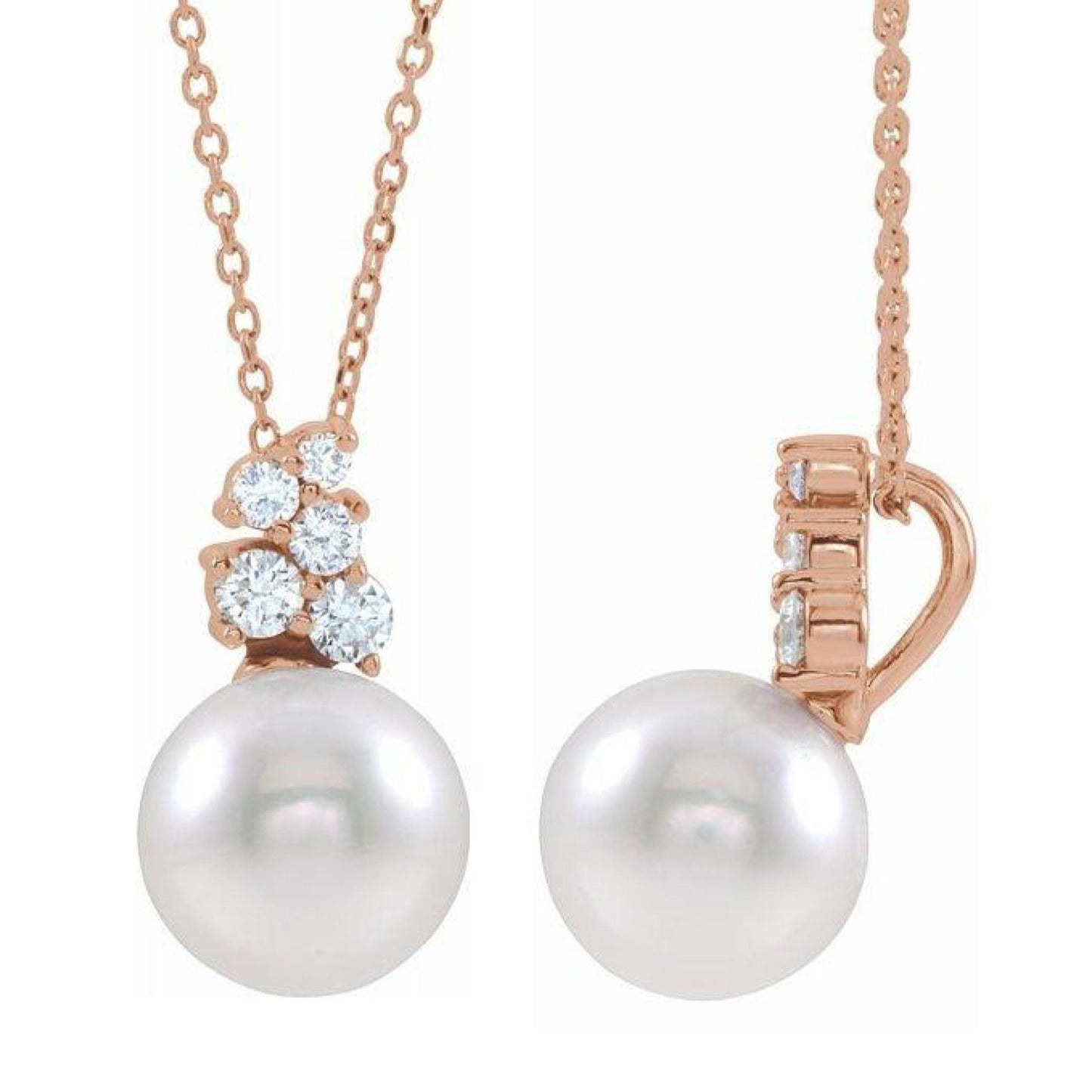 14K Yellow / White / Rose Gold or Platinum Freshwater Cultured Pearl and Diamond Cluster Necklace