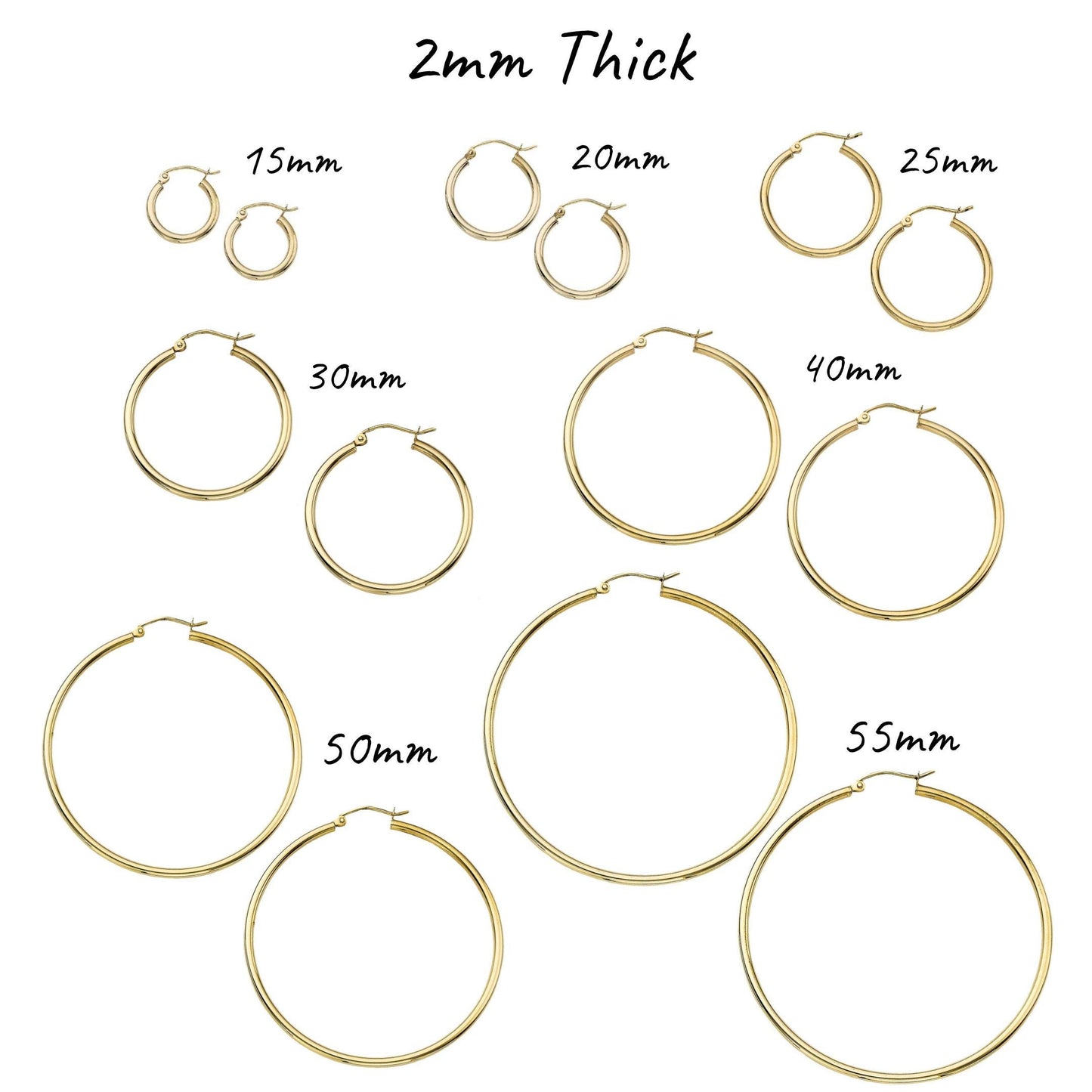14K Yellow Gold Polished Hoop Earrings, 2mm-4mm Thick, 15mm-55mm Diameter