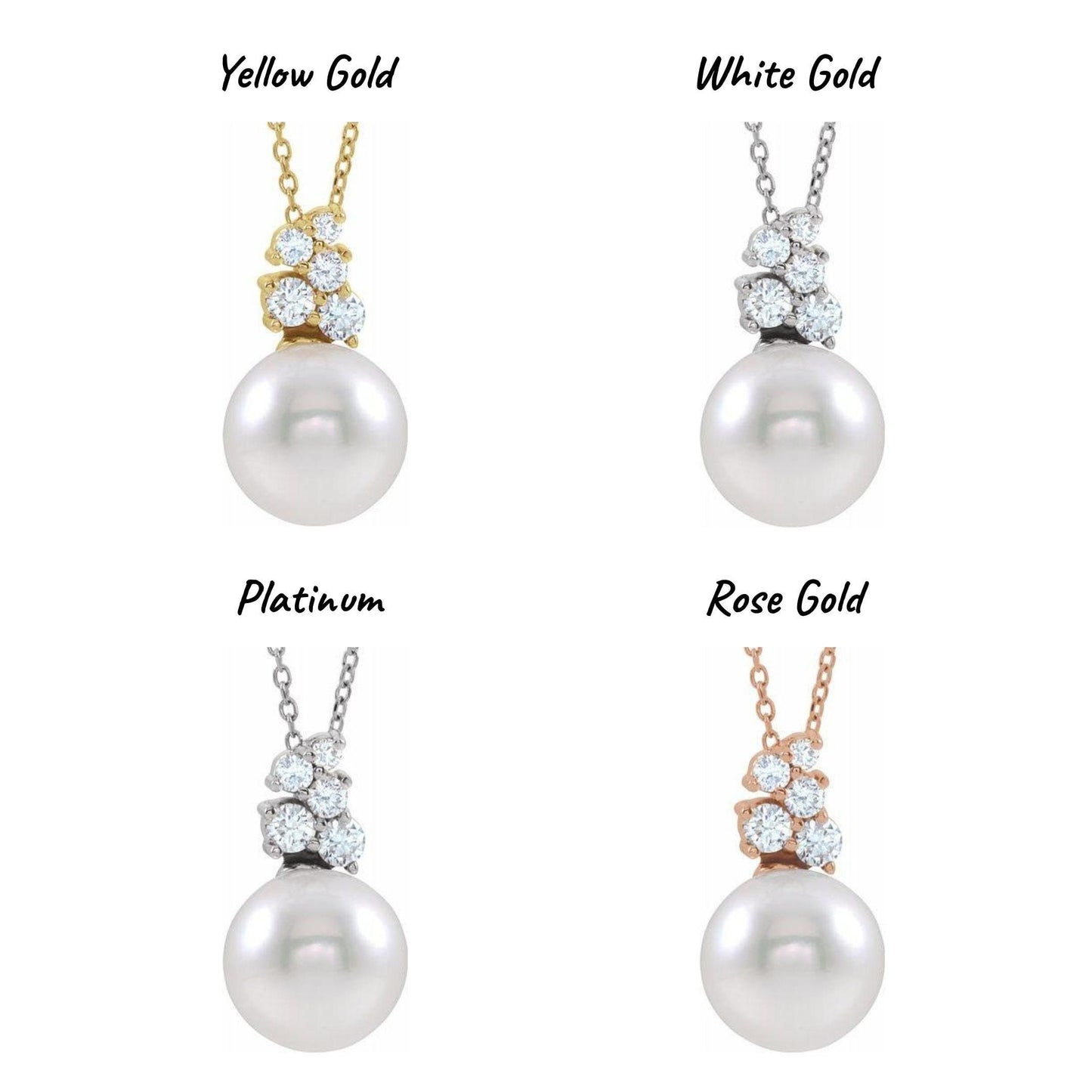 14K Yellow / White / Rose Gold or Platinum Freshwater Cultured Pearl and Diamond Cluster Necklace