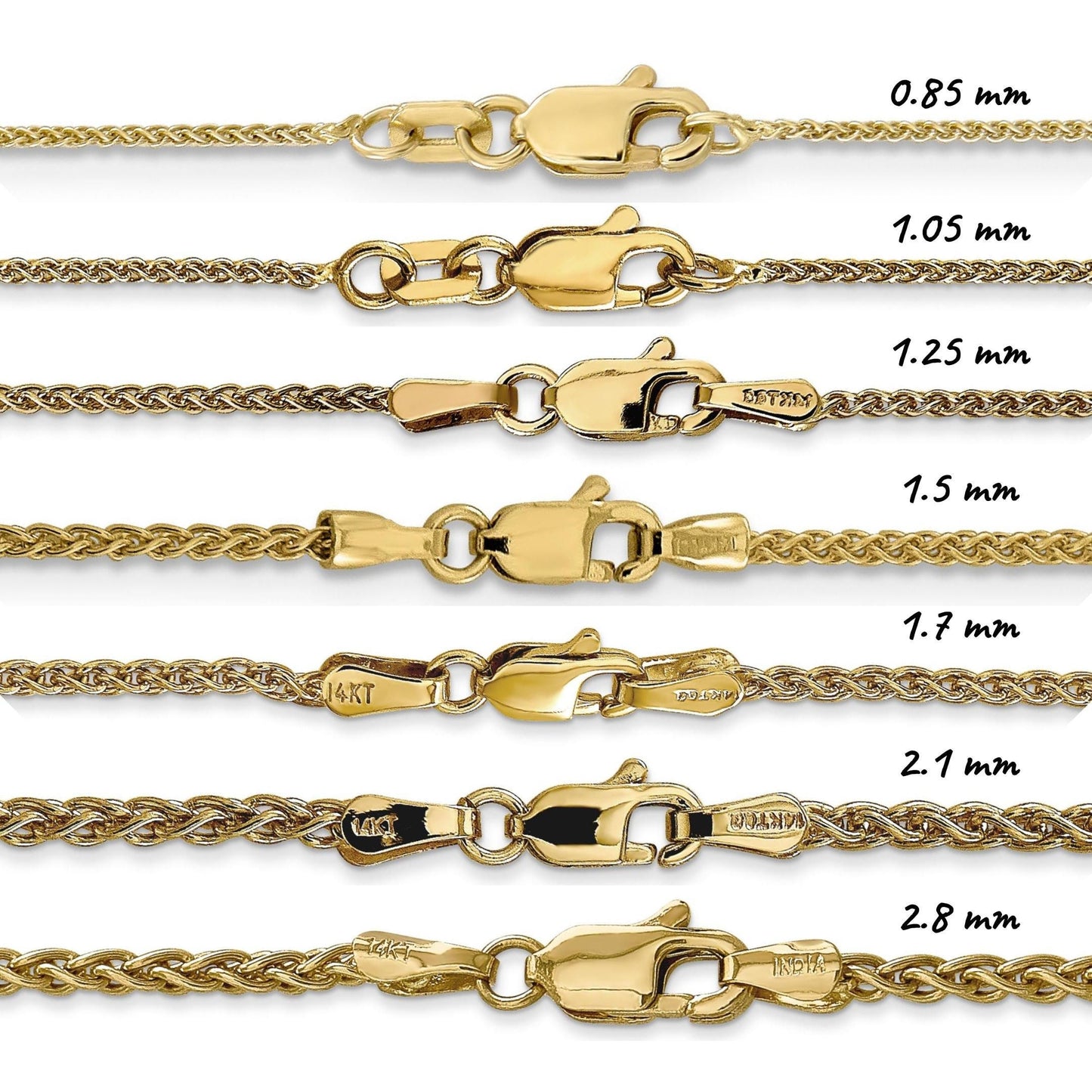 Solid 14K Yellow Gold Spiga Wheat Chain Necklace, 14"-30" Inch, 0.85mm-2.8mm Thick