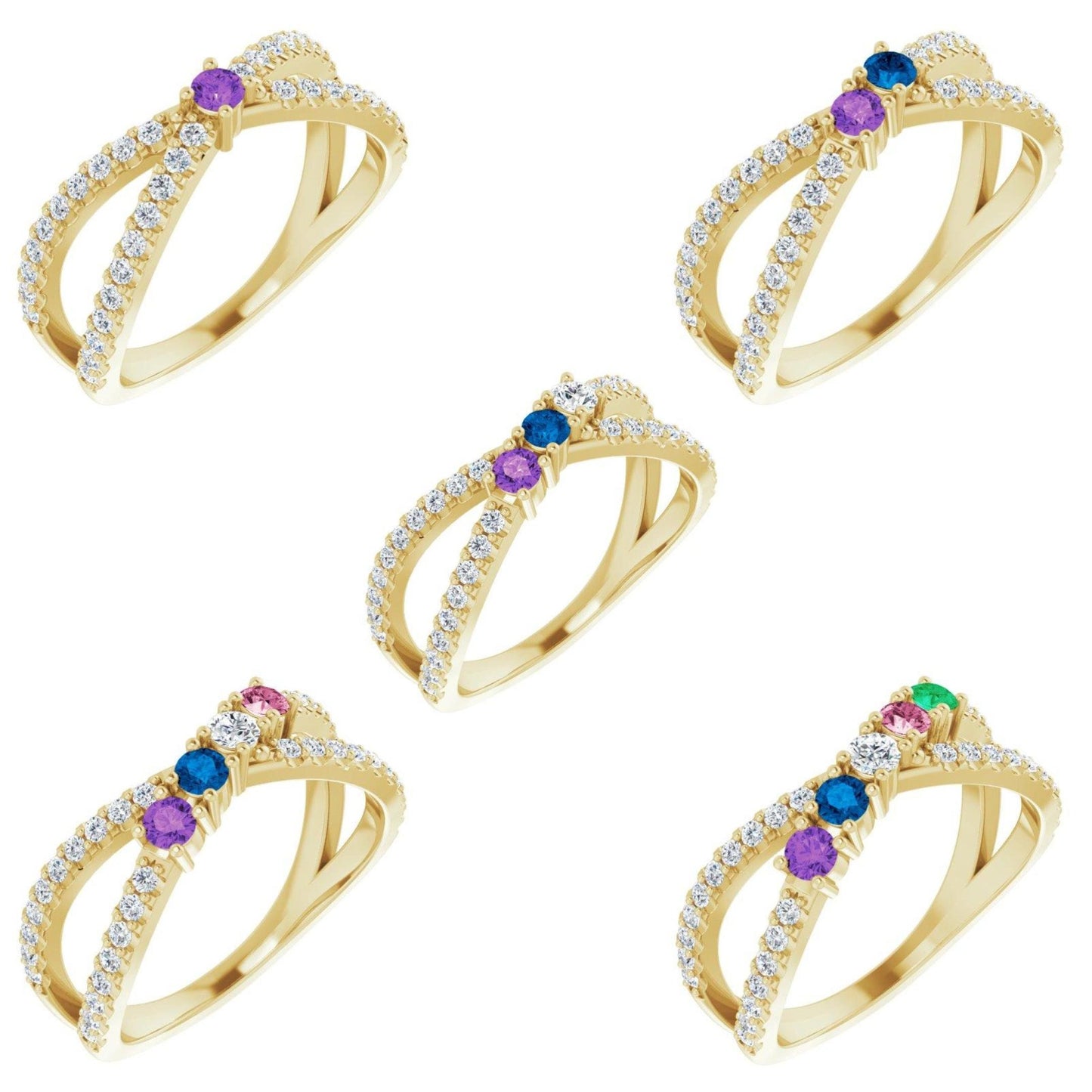 14K Yellow / White / Rose Gold or Platinum 1-5-Stone and Diamond Family Criss-Cross Ring