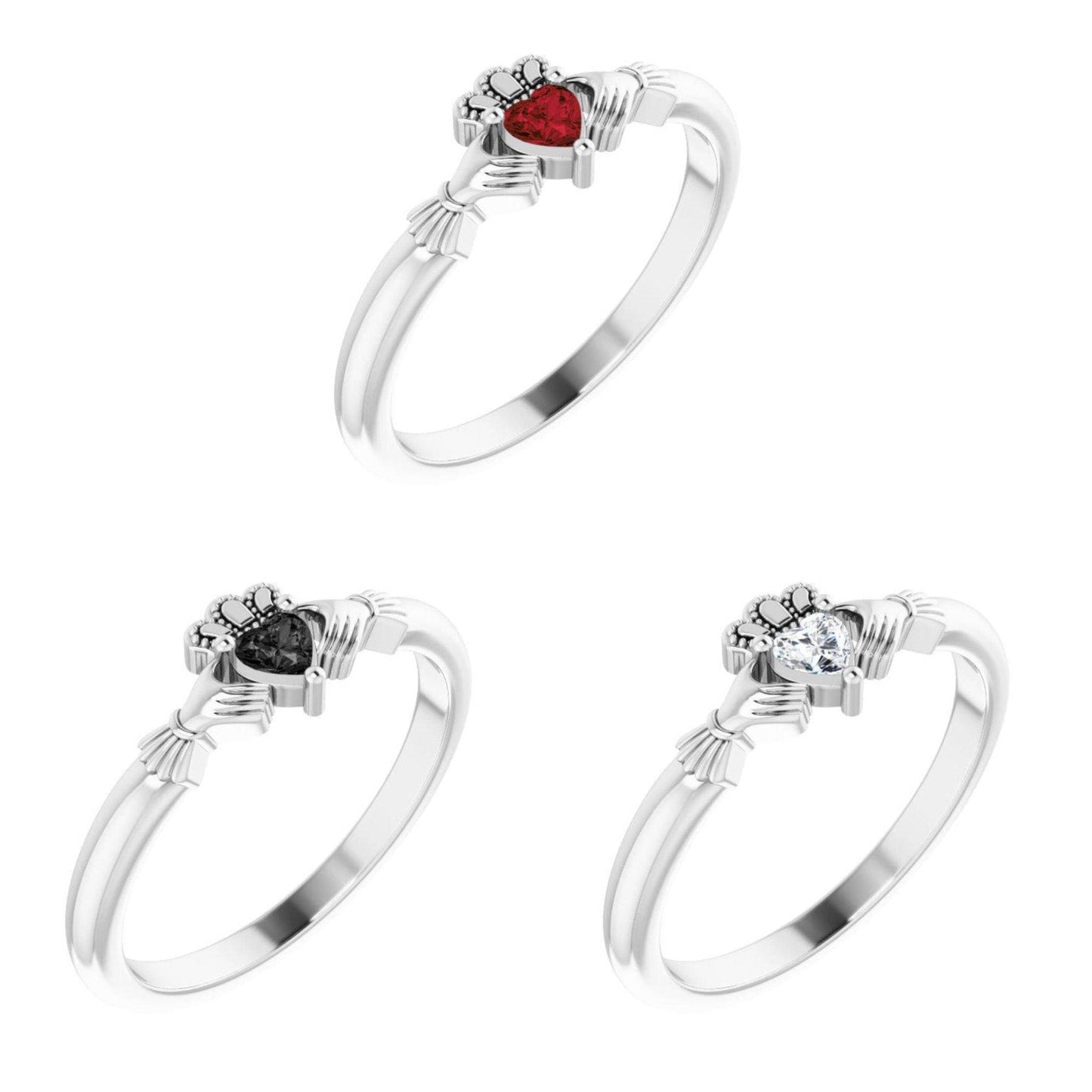 14K Yellow / White / Rose Gold or Platinum Claddagh Ring with Heart Shaped Mozambique Garnet, Onyx, or Created Moissanite Gemstone