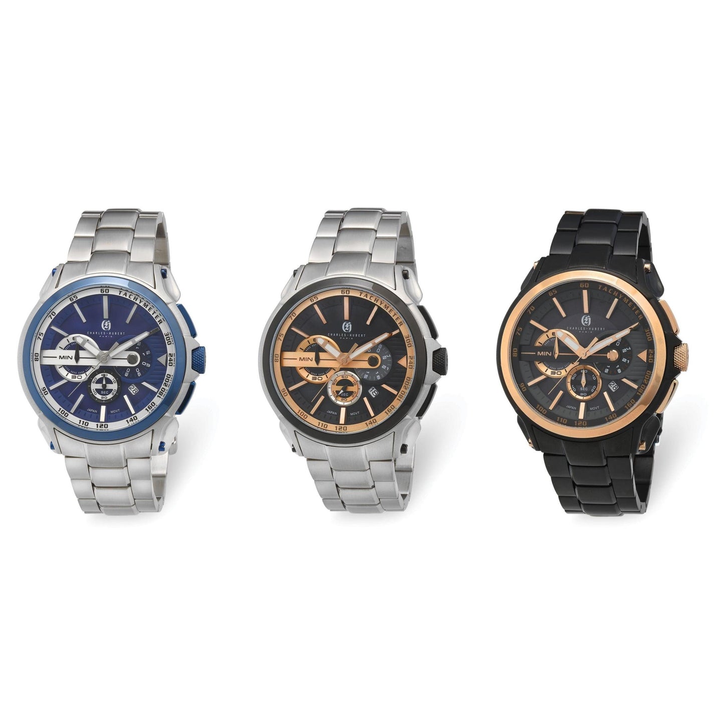 Charles Hubert Stainless Steel Band Chronograph White/Blue Dial, White/Black Dial, or Black/Black Dial Watch