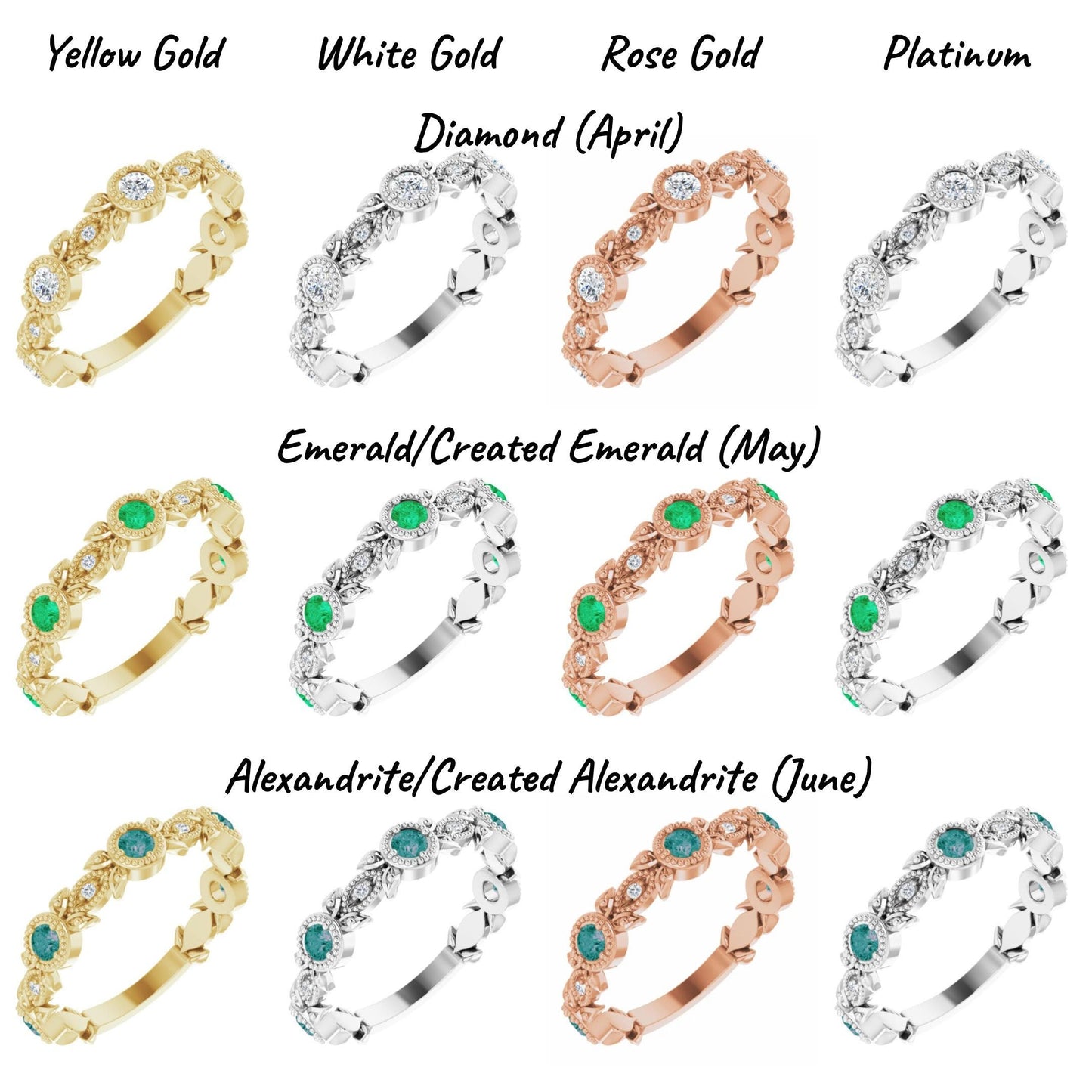 14K Yellow / White / Rose Gold or Platinum Birthstone and Diamond Leaf Ring