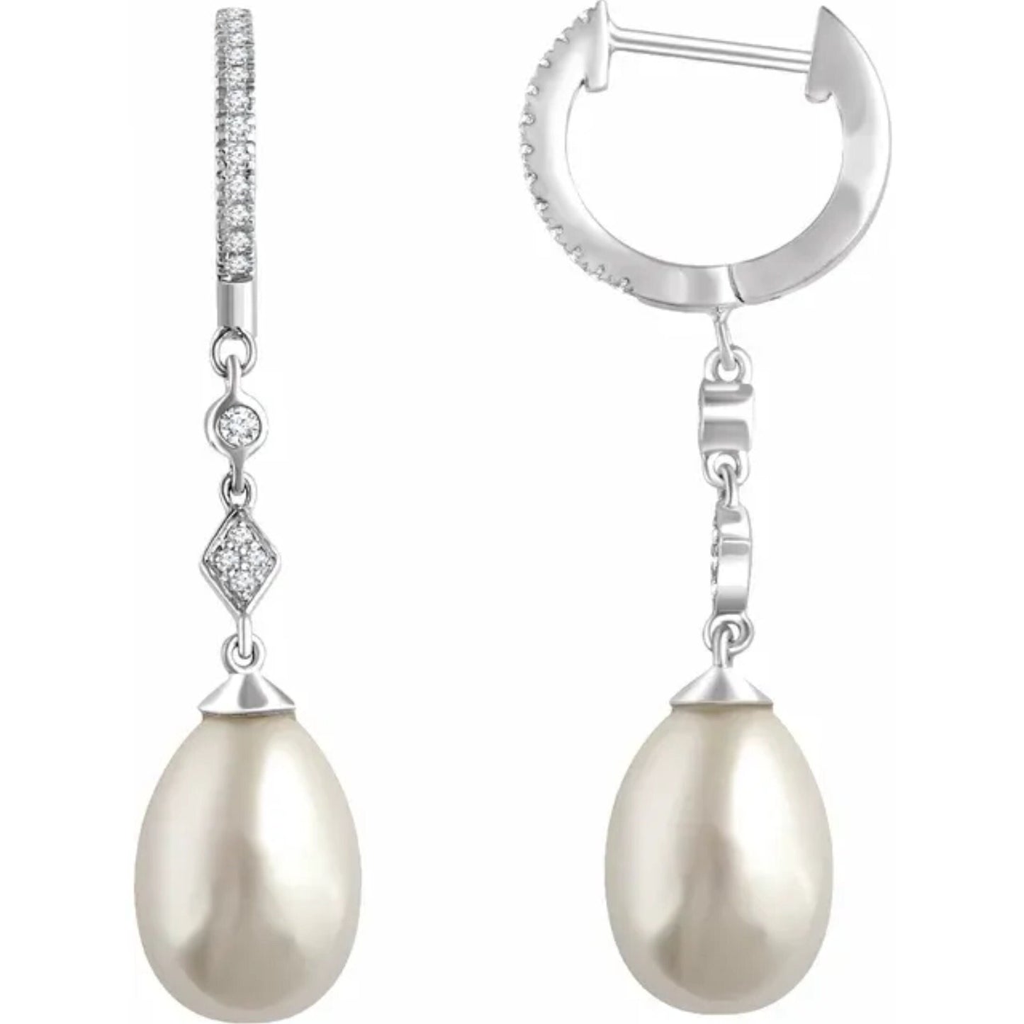 Solid 14K White Gold Freshwater Pearl Diamond Earrings