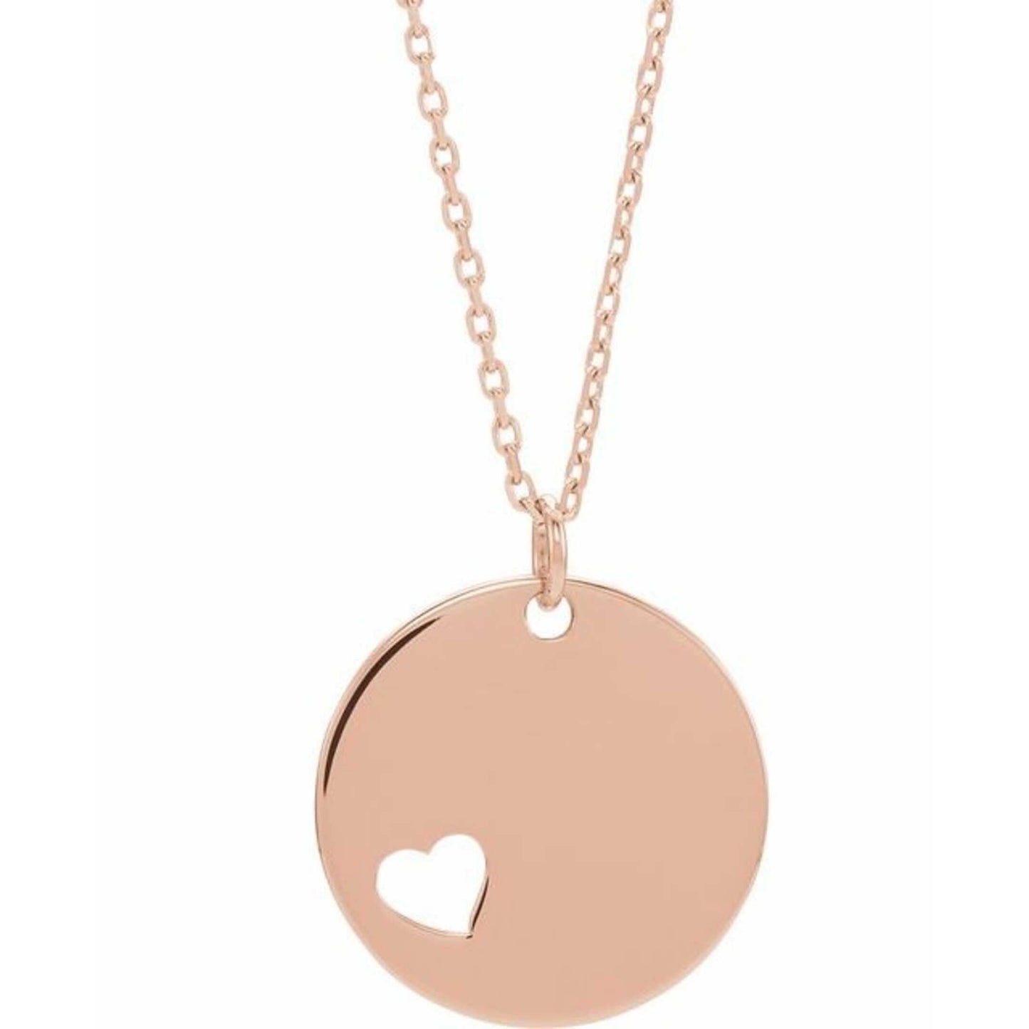 14K Yellow, White, or Rose Gold Pierced Heart Engravable Disc Pendant or Necklace