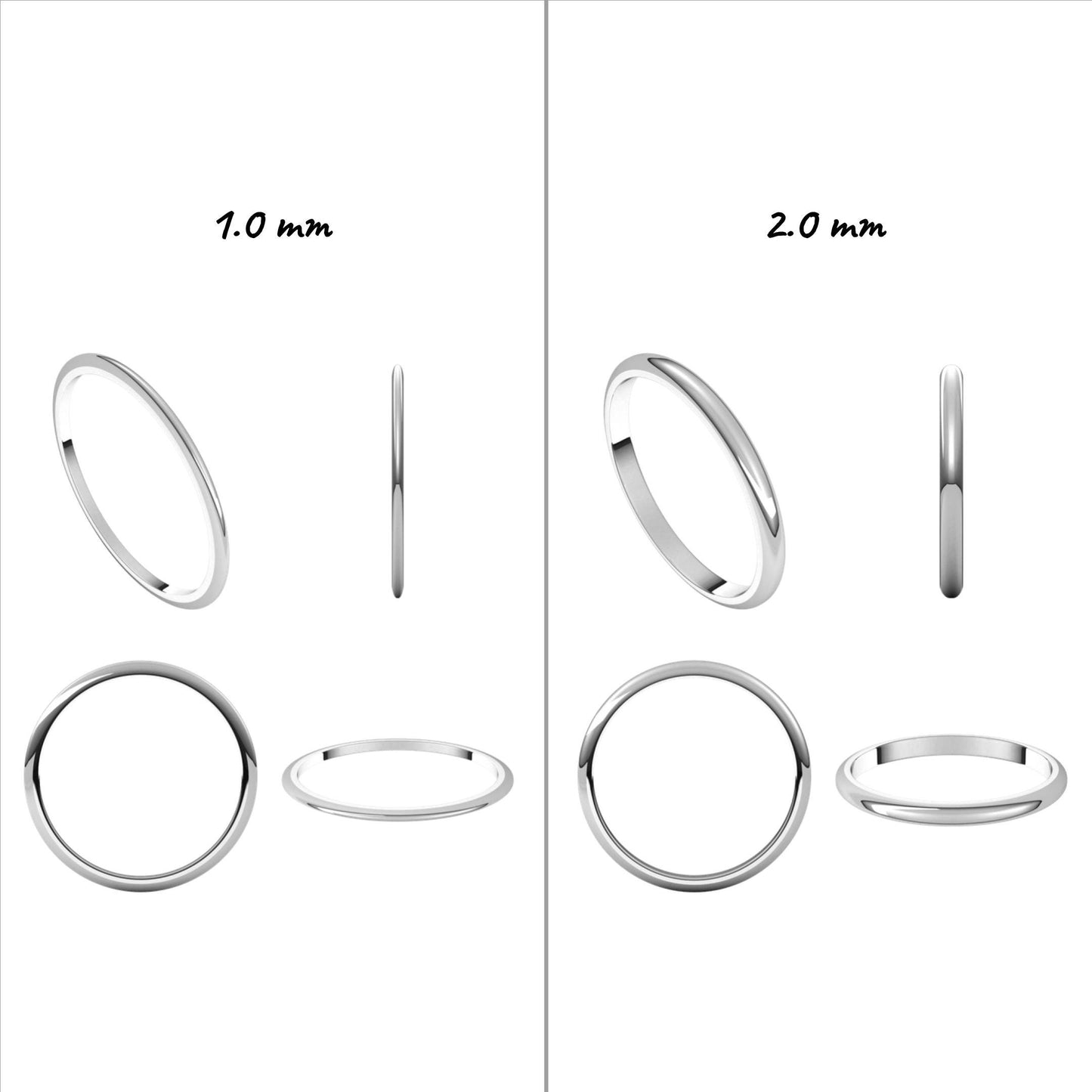 Solid Platinum Standard Weight & Standard Fit Half-Round Wedding Band, 1.0mm-12.0mm Widths