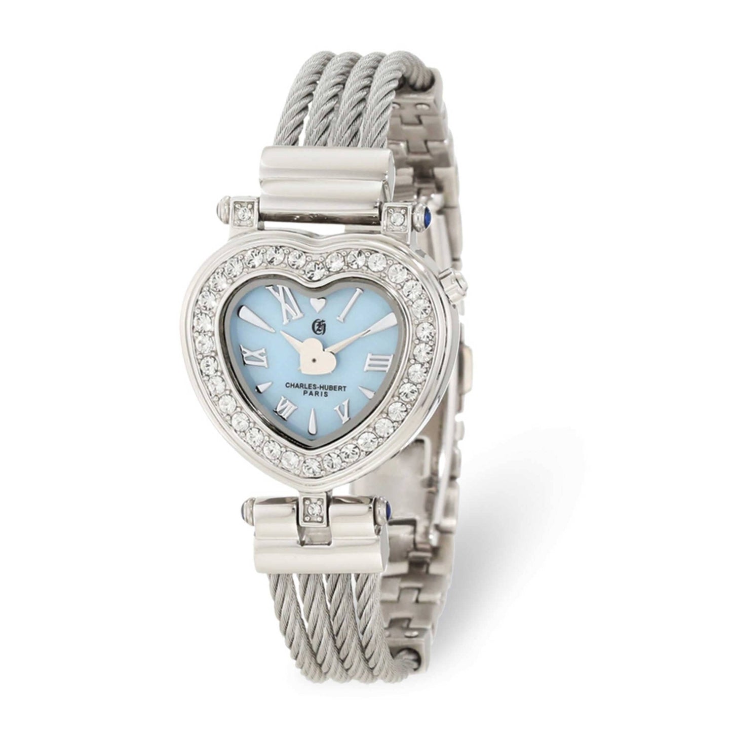 Charles Hubert Stainless Steel and Swarovski Crystal Wire Bangle White or Light Blue Heart Dial Watch