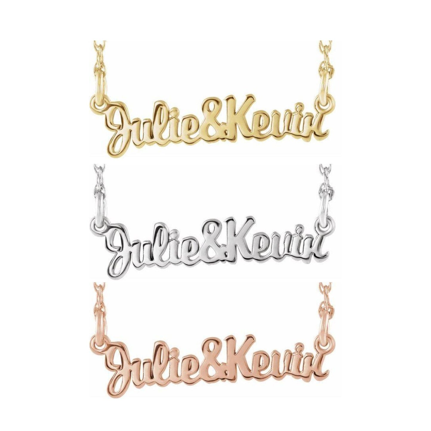 14K Yellow, White, or Rose Gold Couples Nameplate Necklace