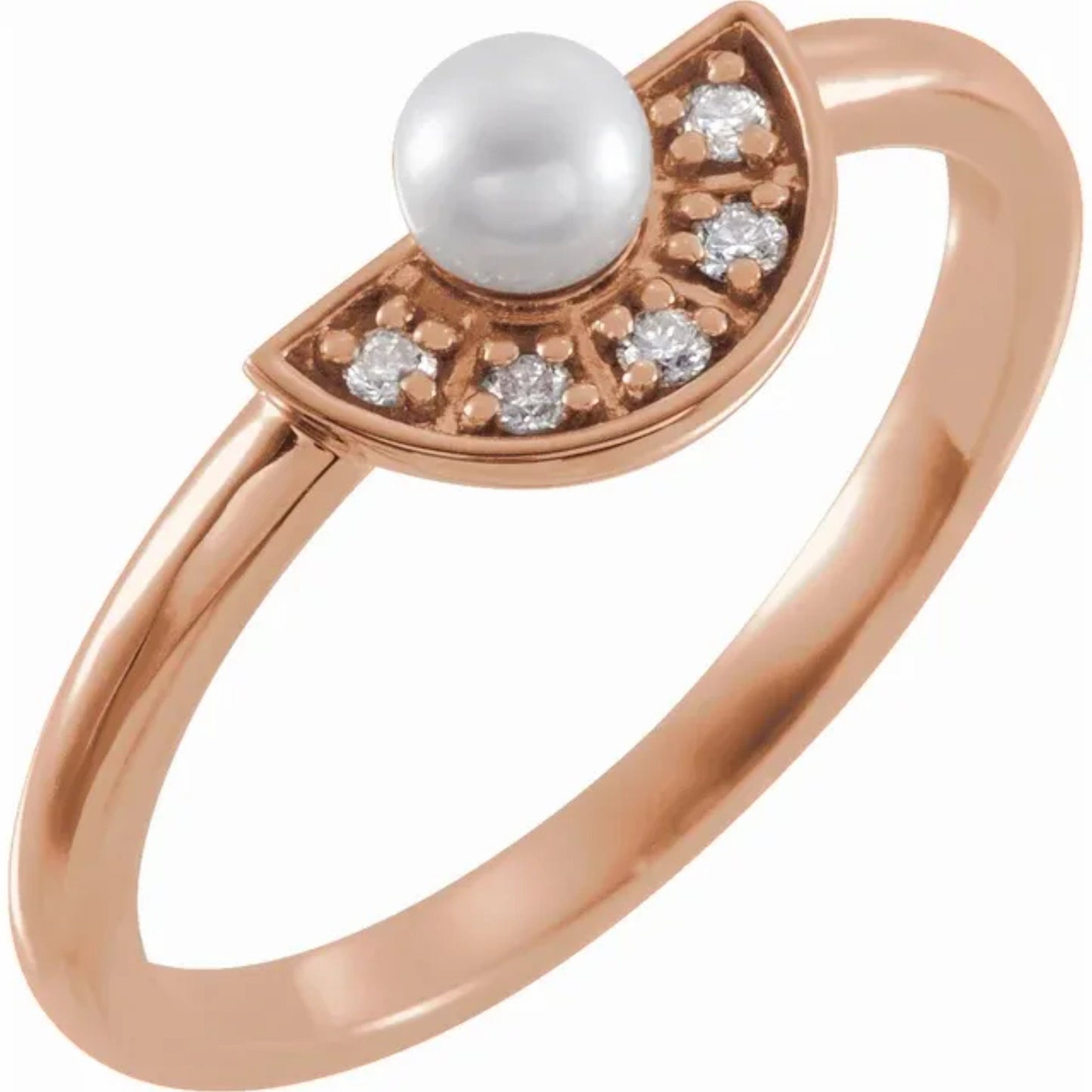 14K Yellow / White / Rose Gold or Platinum Akoya Cultured Pearl and Diamond Fan Ring