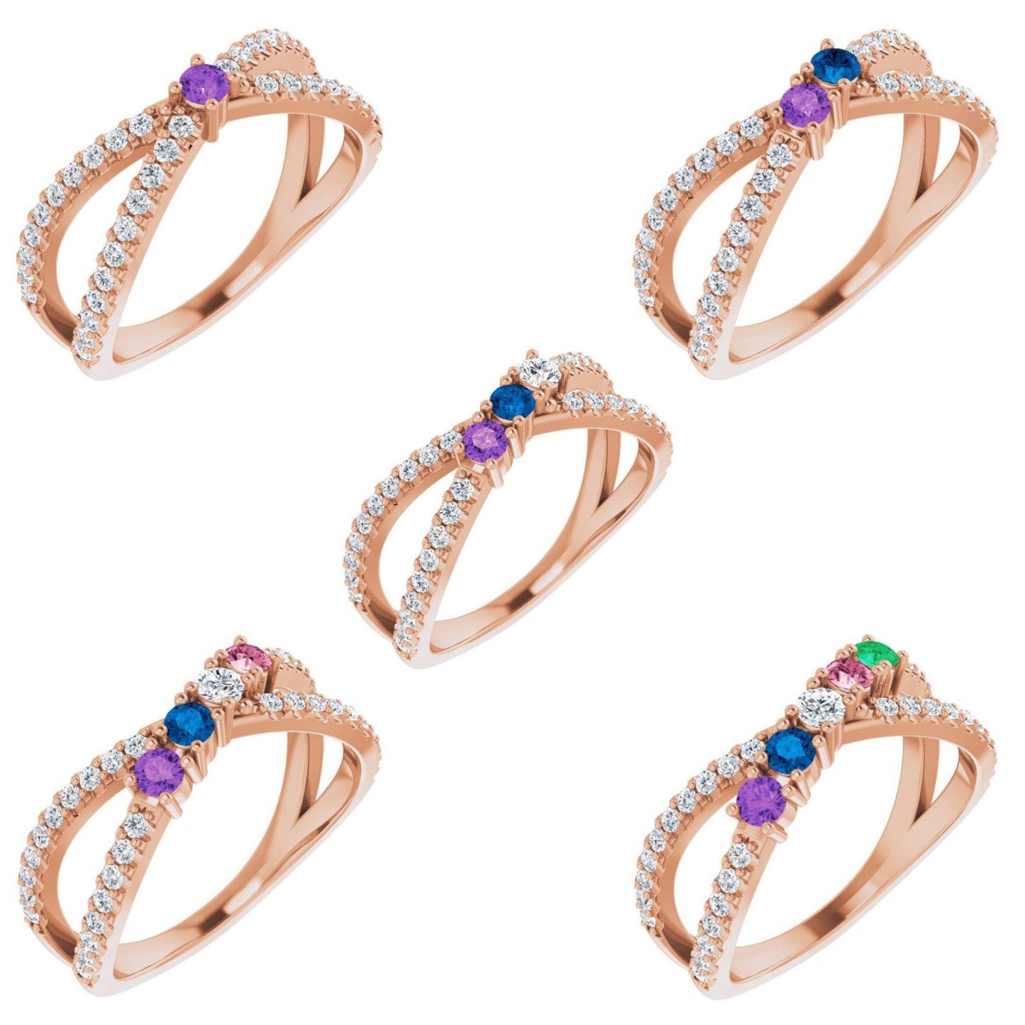 14K Yellow / White / Rose Gold or Platinum 1-5-Stone and Diamond Family Criss-Cross Ring