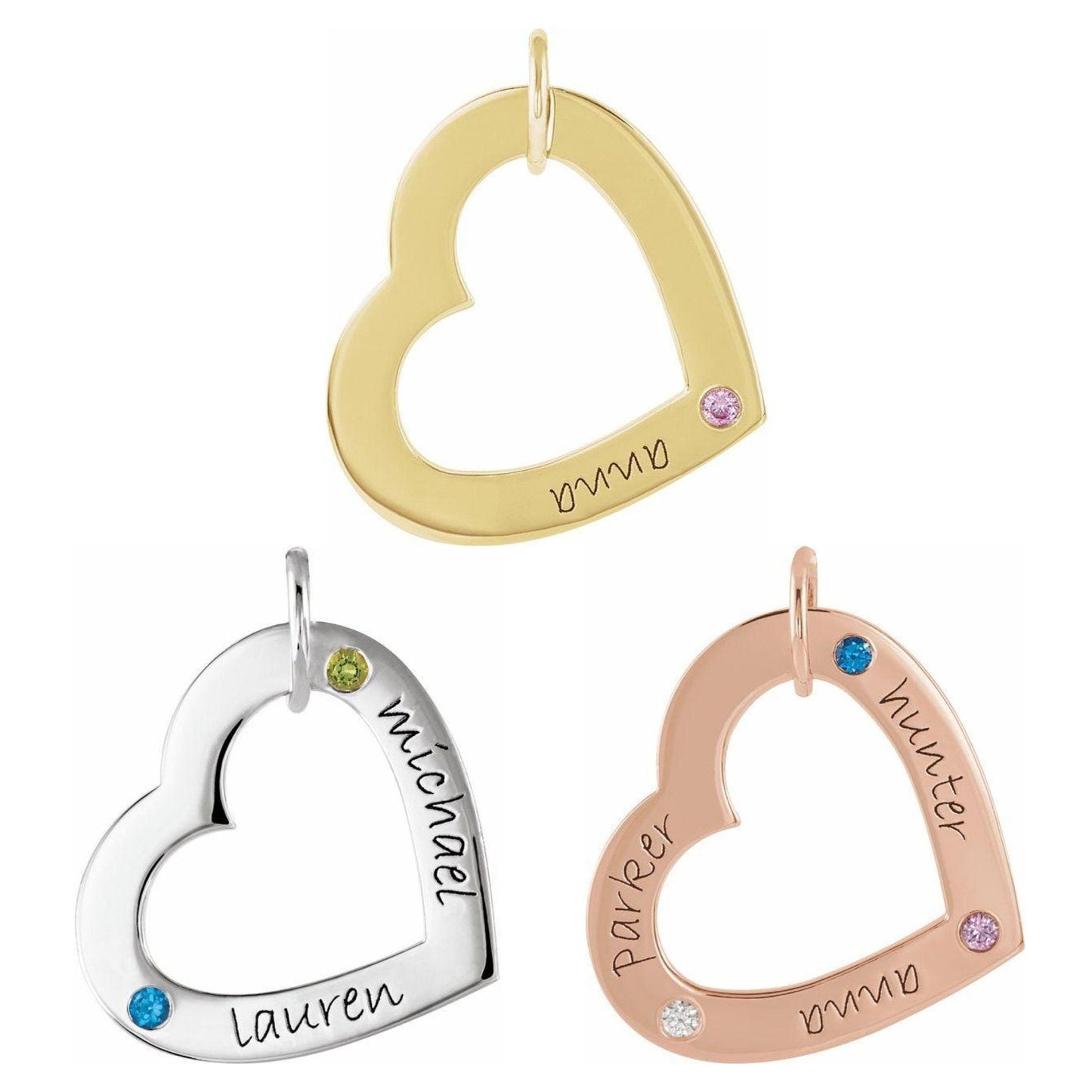 14K Yellow, White, or Rose Gold 1-3 Stone Engravable Heart Loop Pendant