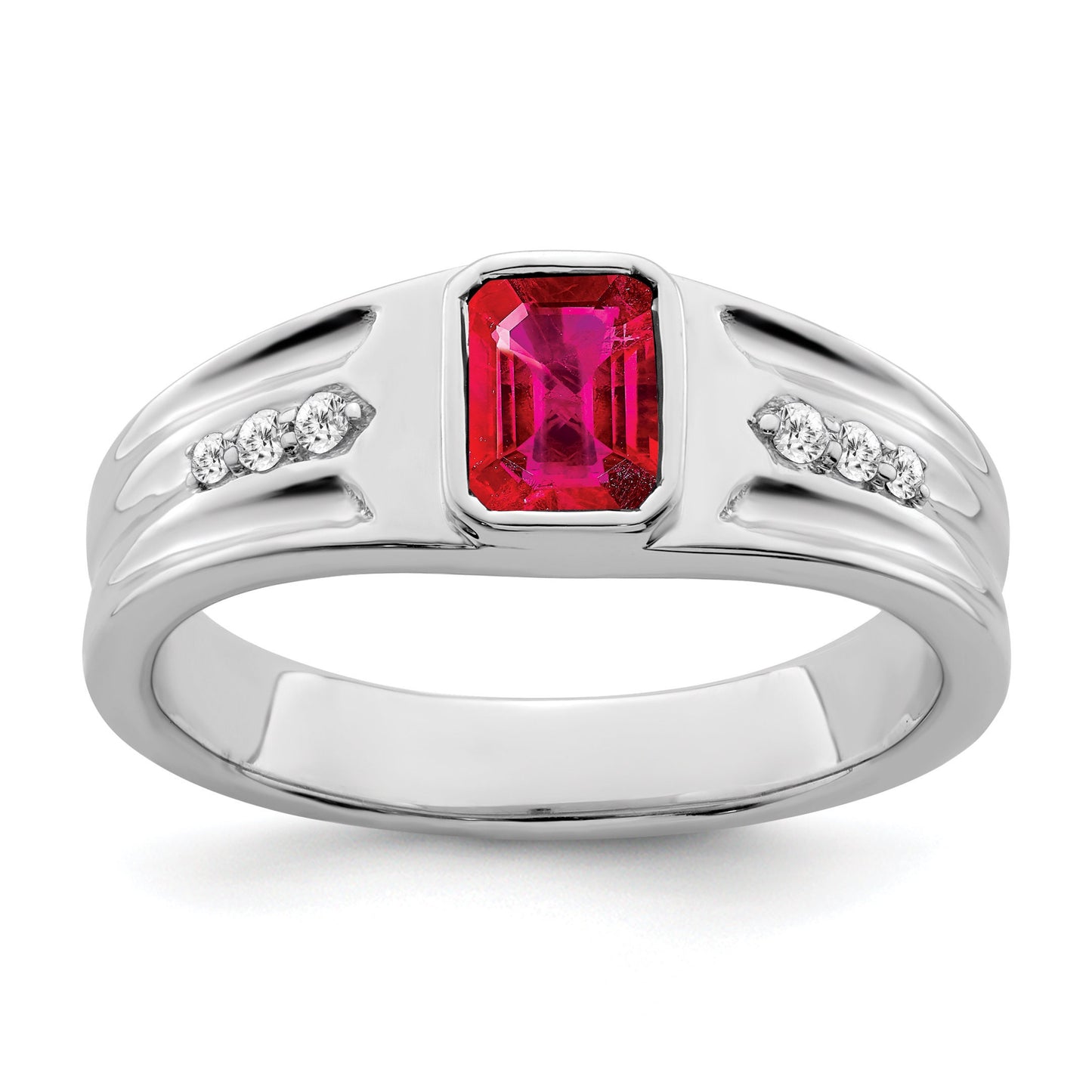 14K Yellow or White Gold and Diamond and Ruby or Created Sapphire Emerald-Cut Ring