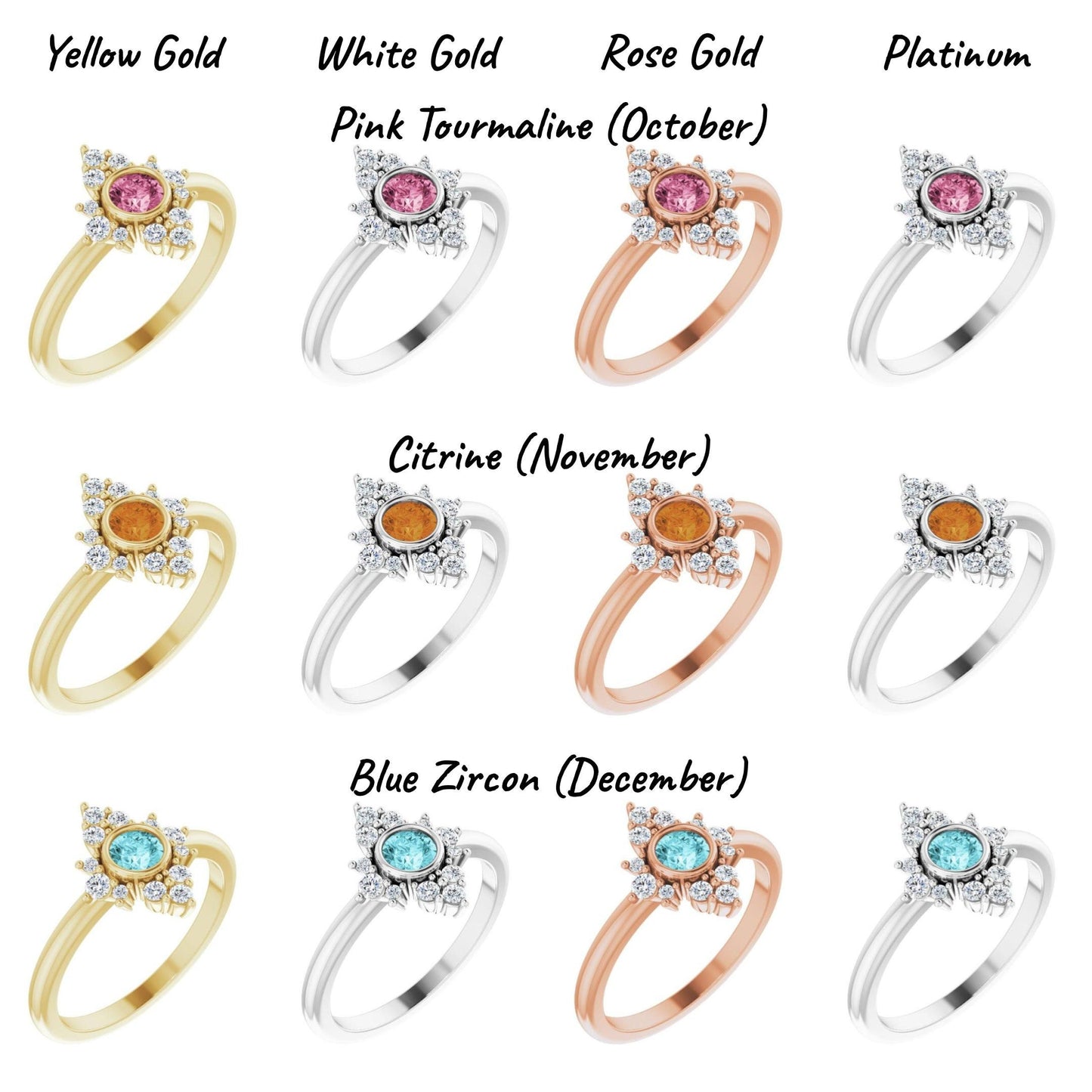 14K Yellow / White / Rose Gold or Platinum Birthstone and Diamond Ring