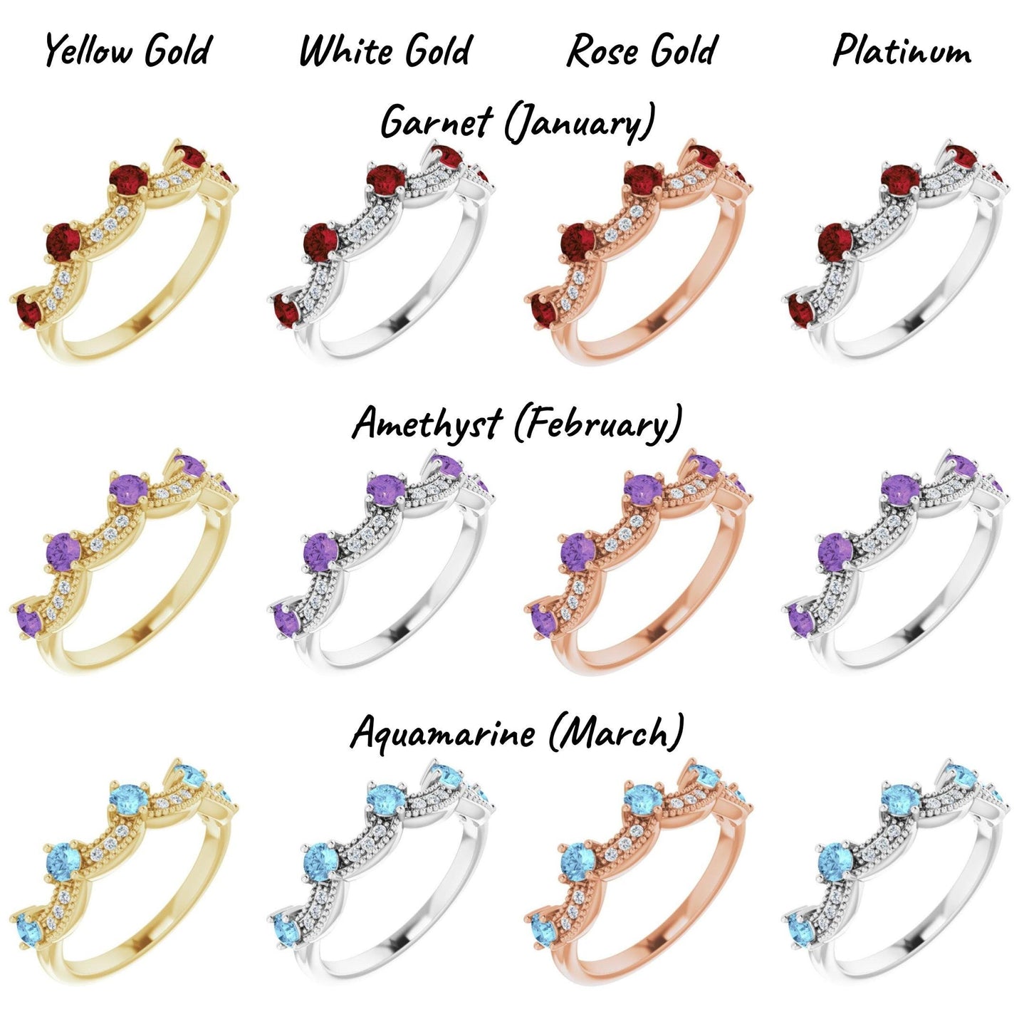 14K Yellow / White / Rose Gold or Platinum Birthstone and Diamond Crown Ring