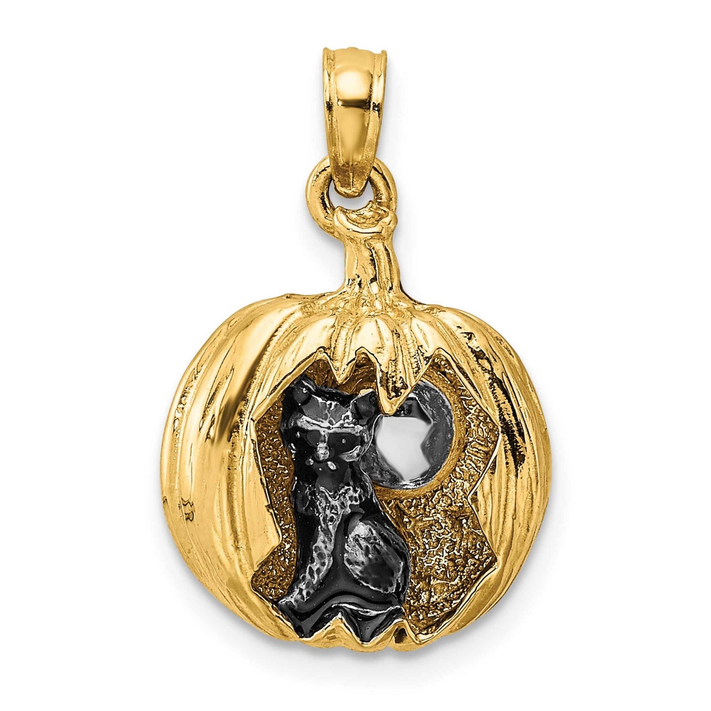 14K Yellow Gold 3D Jack-o-Lantern and Enamaled Cat & Moon Pendant