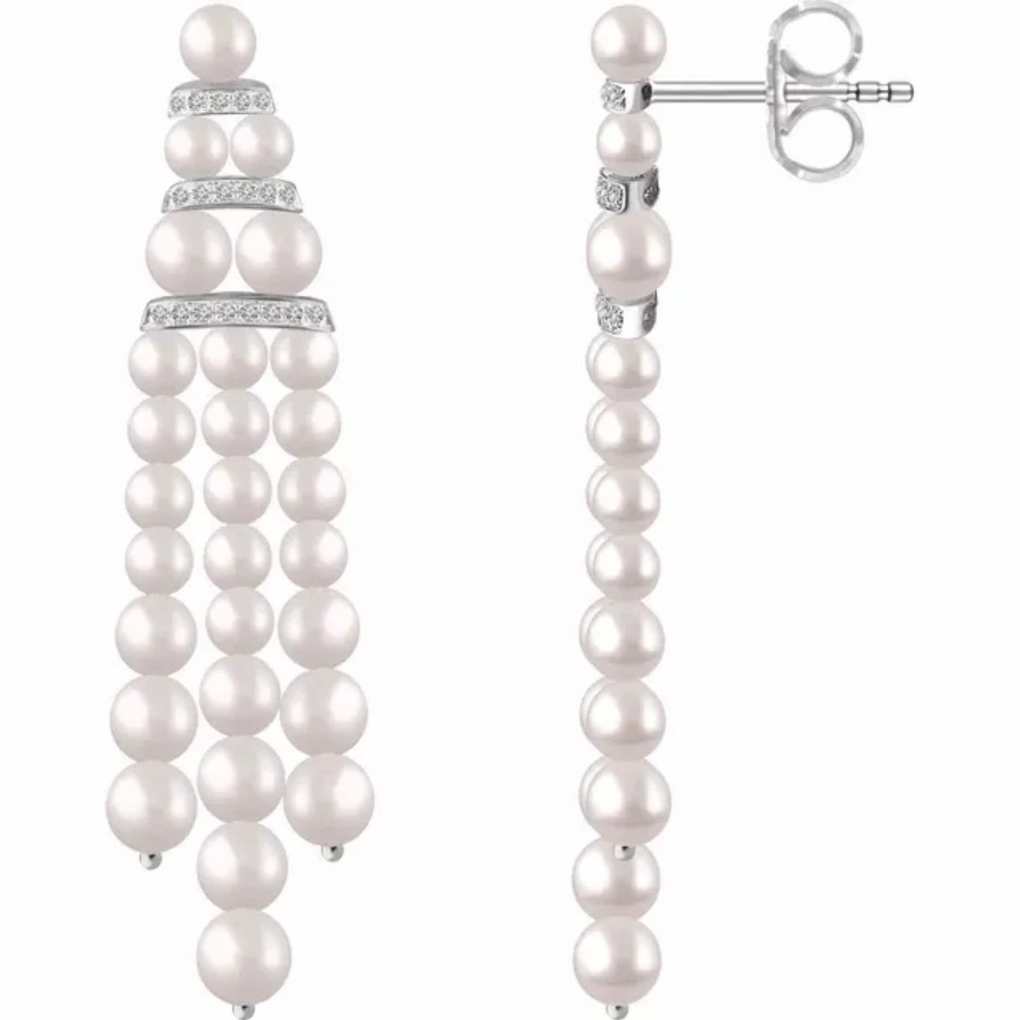 14K White Gold Freshwater Pearl & Diamond Earrings