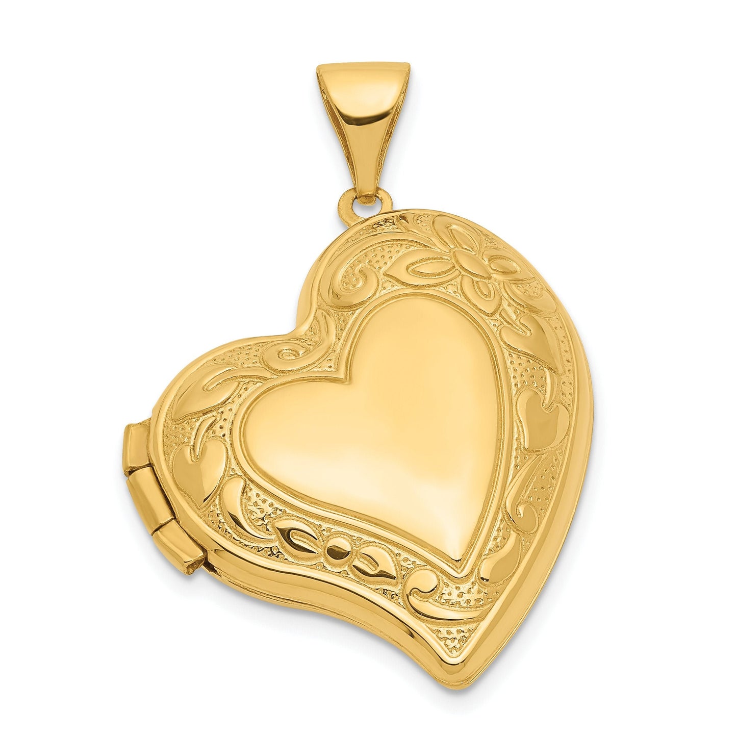14K Yellow Gold Engravable Heart Shape Locket with Cute and Fancy Design and Floral Border