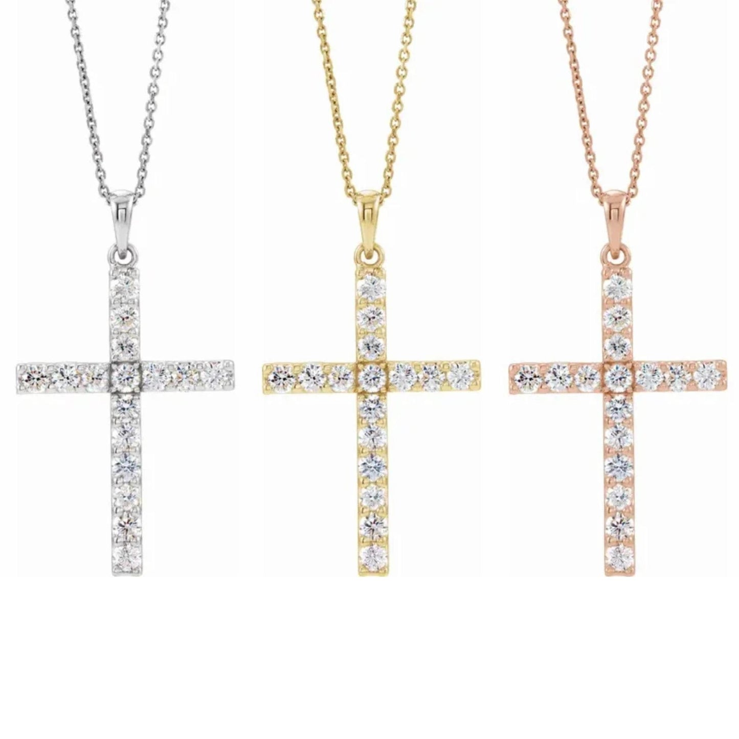 14K Yellow, White, or Rose Gold and Diamond Cross Necklace
