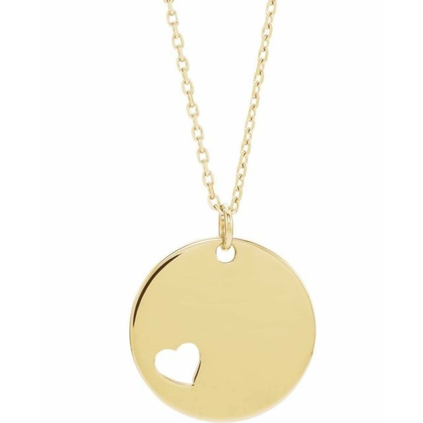 14K Yellow, White, or Rose Gold Pierced Heart Engravable Disc Pendant or Necklace