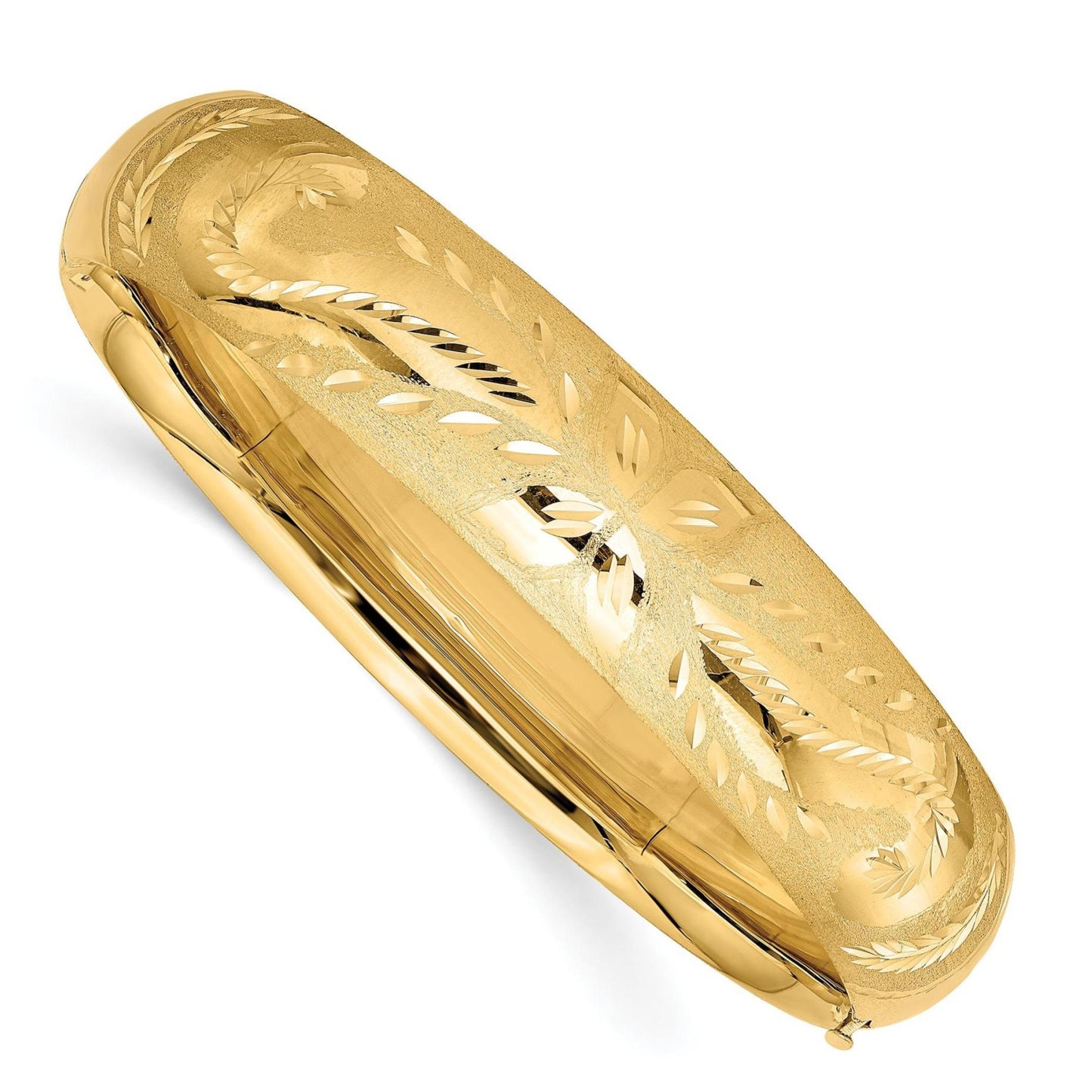 14K Yellow Gold Floral Textured Hinged Bangle Bracelets