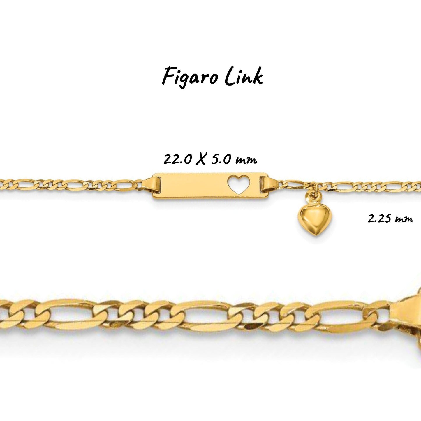 Children's Engravable 14K Yellow Gold Cut-out Heart with Dangling Heart Charm ID Bracelet (Figaro, Curb, and Anchor Link Chains)
