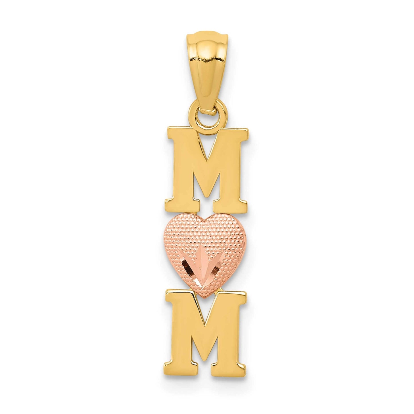 14K Yellow and Rose Gold Mom With Textured Heart Charm