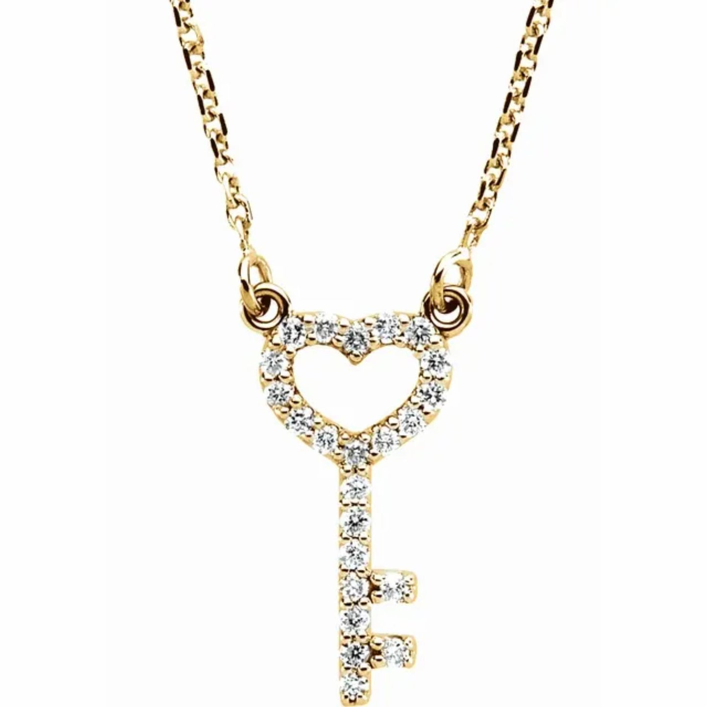 14K Yellow / White / Rose Gold or Platinum Diamond Petite Heart Key Necklace