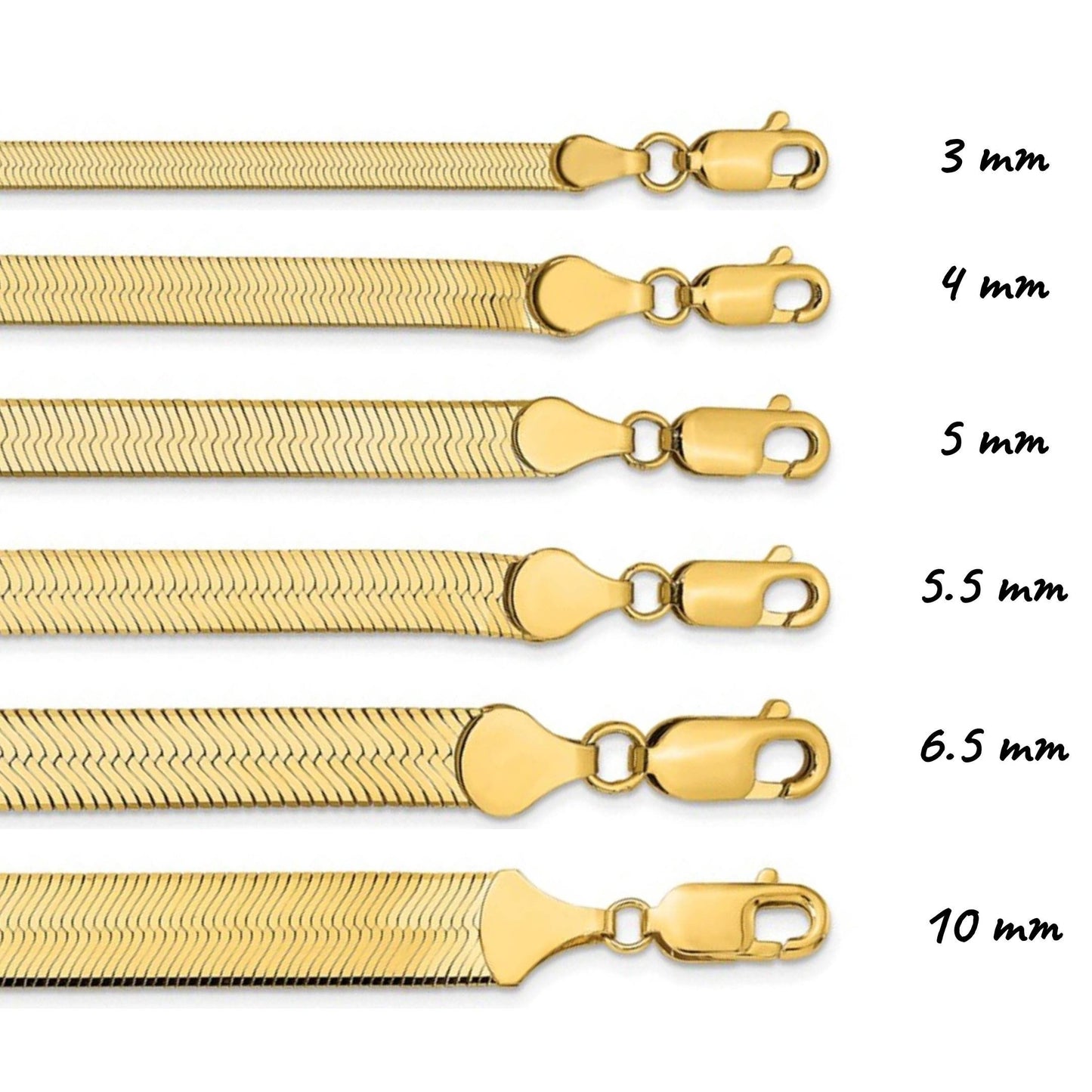 Solid 14K Yellow Gold Herringbone Necklace, 16"-30" Inch, 3.0 mm-10.0 mm Thick