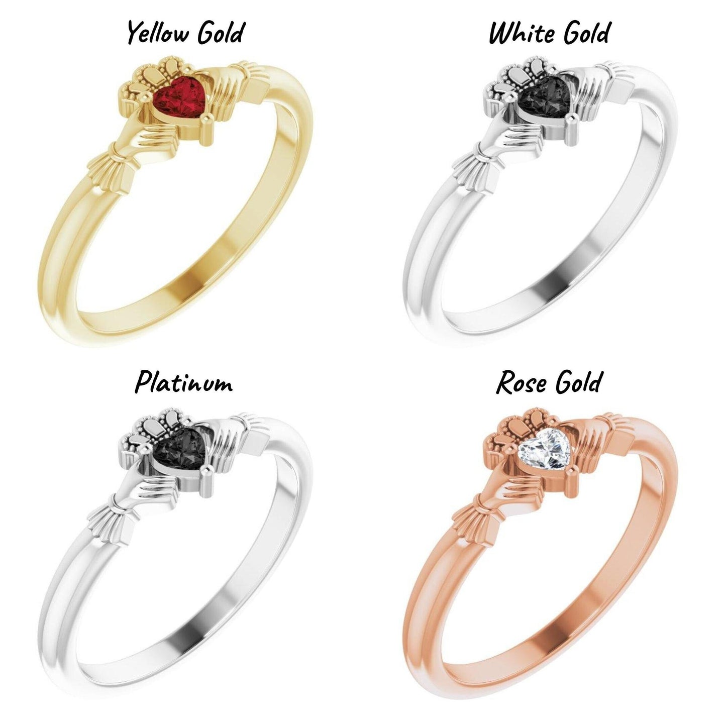 14K Yellow / White / Rose Gold or Platinum Claddagh Ring with Heart Shaped Mozambique Garnet, Onyx, or Created Moissanite Gemstone