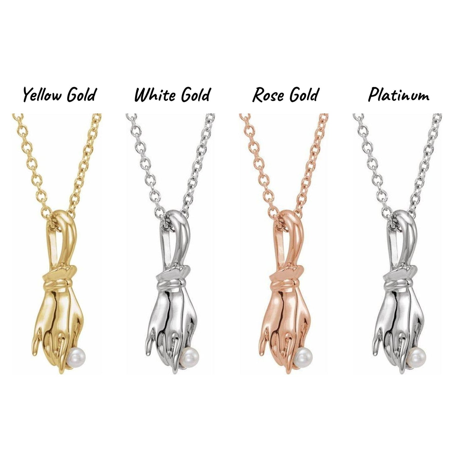 14K Yellow / White / Rose Gold or Platinum White Seed Pearl Buddha Hand Pendant or Necklace