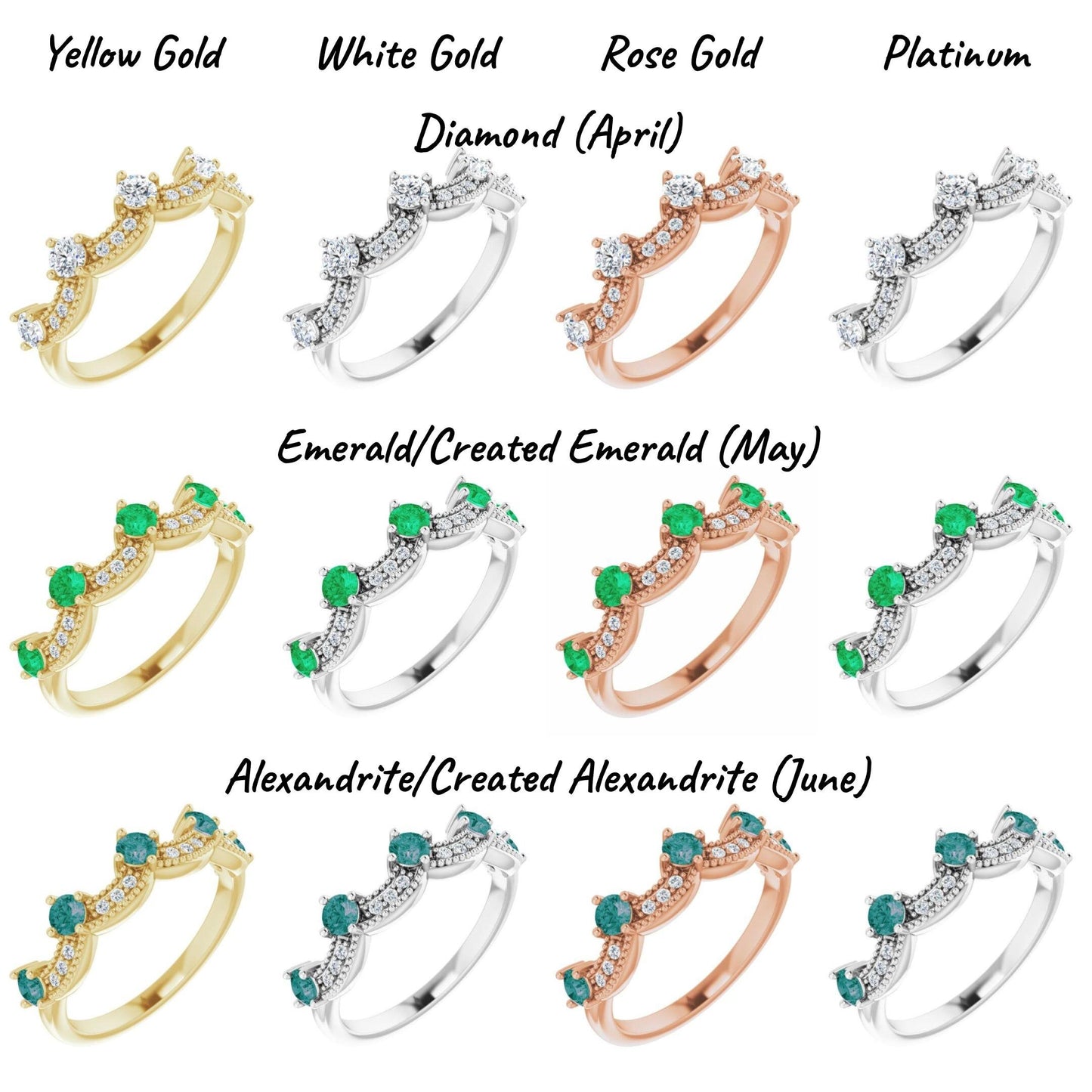 14K Yellow / White / Rose Gold or Platinum Birthstone and Diamond Crown Ring