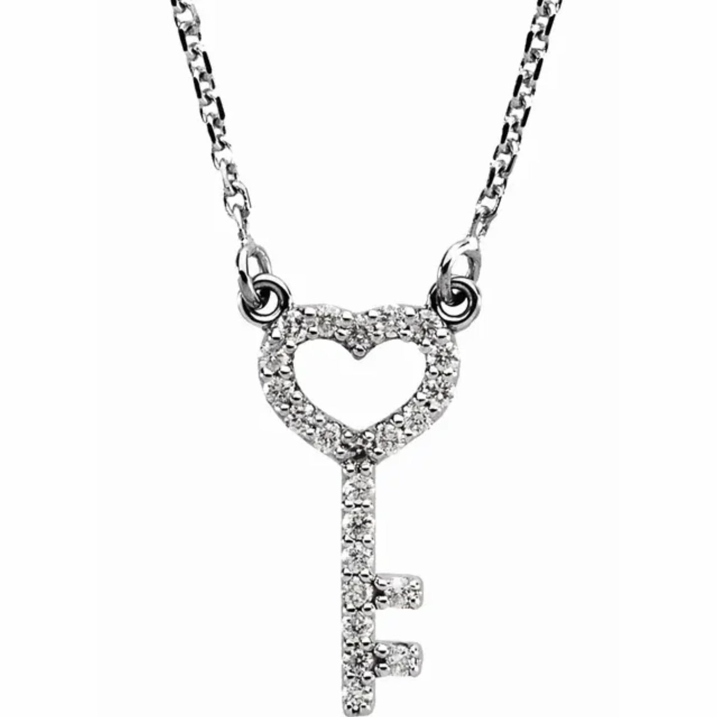 14K Yellow / White / Rose Gold or Platinum Diamond Petite Heart Key Necklace