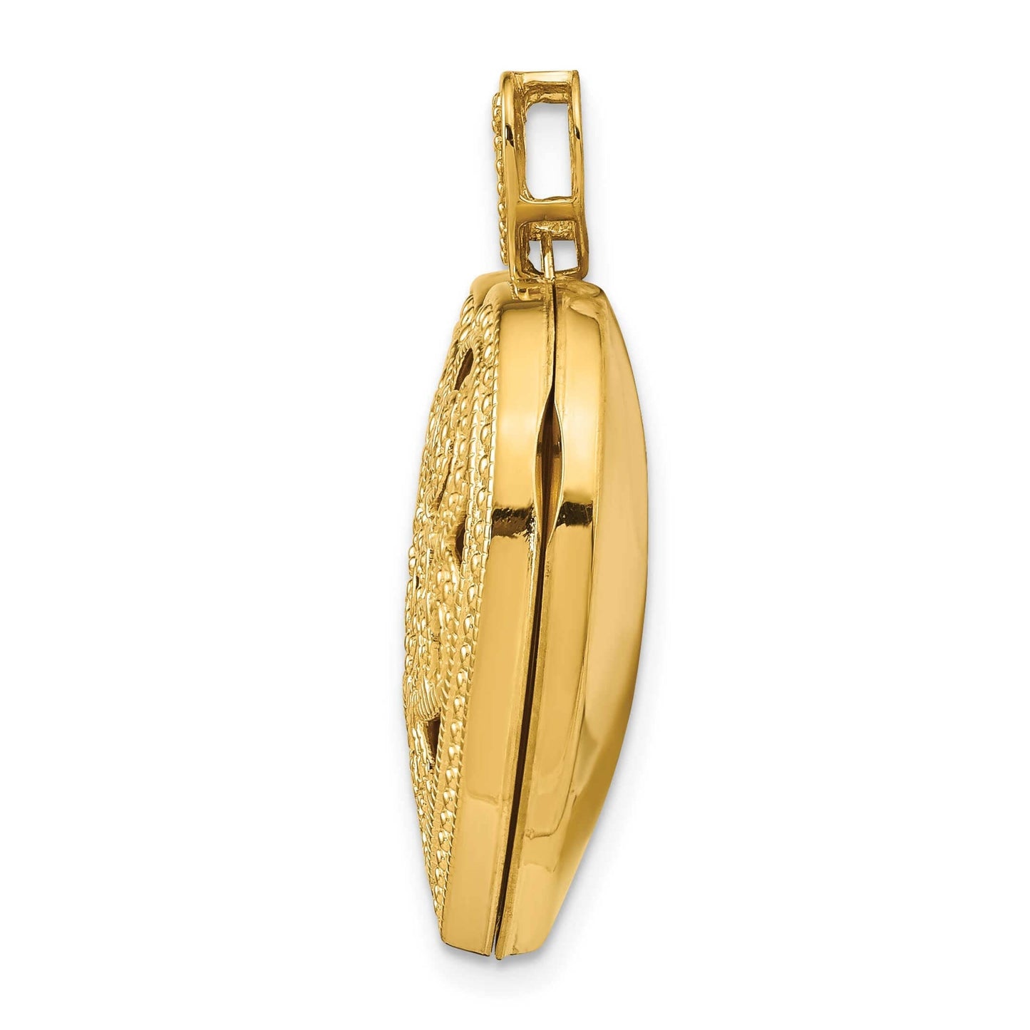 14K Yellow Gold and Diamond Engravable Heart Shape Locket with Vintage Filigree Front Design and Heart-Shaped Bale