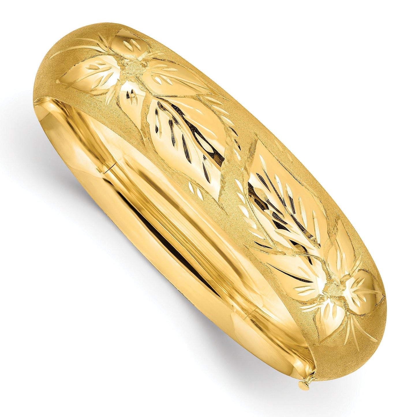 14K Yellow Gold Floral Textured Hinged Bangle Bracelets